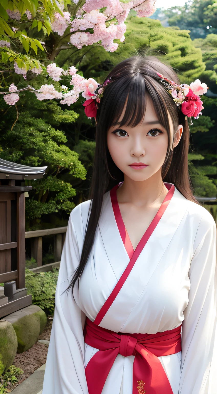 hightquality、masterpiece、ultra res、a beauty girl、cute girl face、temple、shrine maiden、Wearing priestess clothes、full bodyesbian、Famous actresses of Japan、very beautiful face