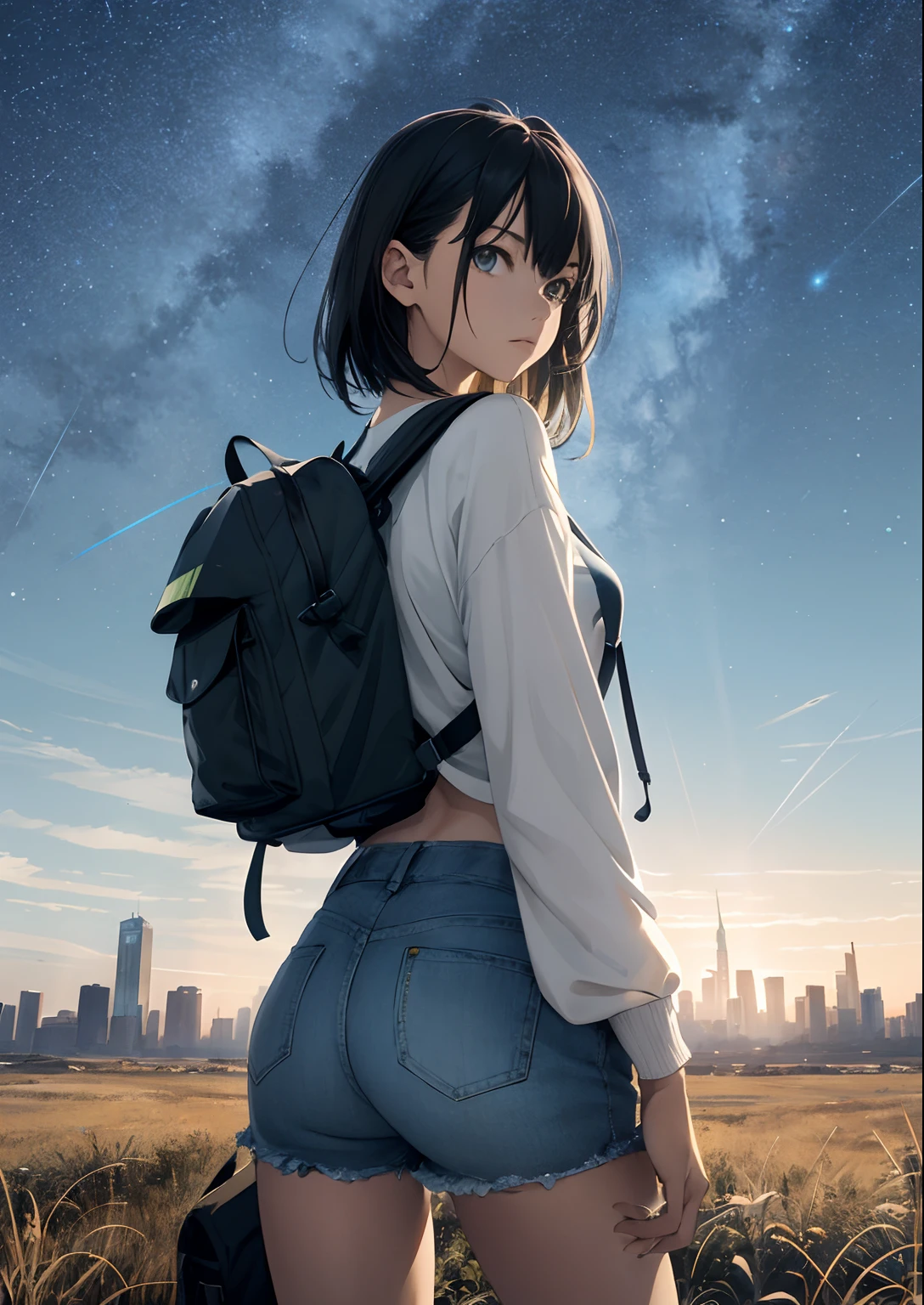 The vast sky, beautiful skyline, large grasslands, extremely tense and dramatic pictures, moving visual effects, high hanging Polaris, colorful natural glare. A girl in a long-sleeved top and denim shorts with a side backpack