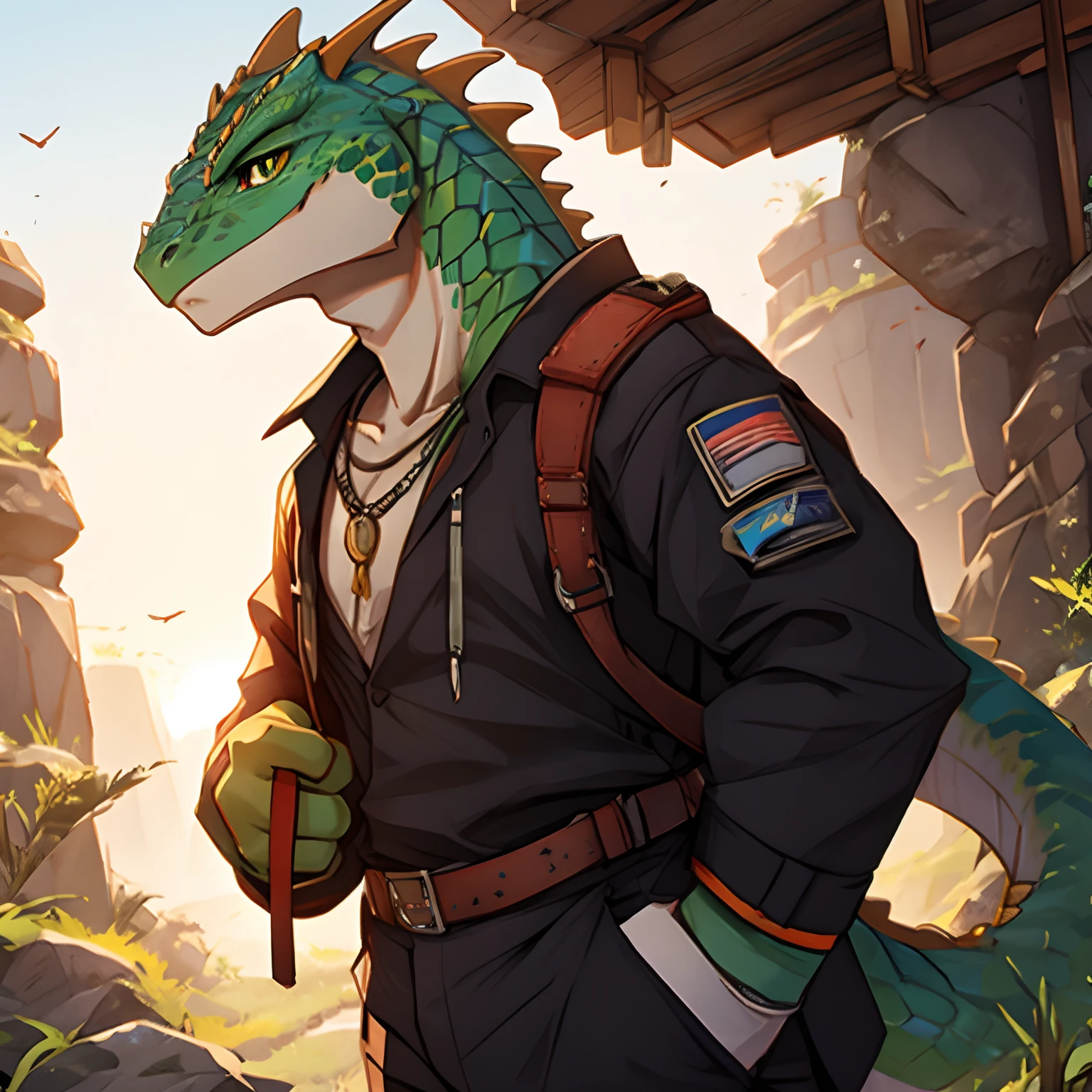 Lizard man with diamonds encrusted on his back and a scarf that covers his mouth and tail. apocalyptic type