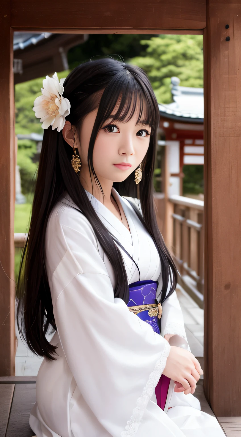 hightquality、masterpiece、ultra res、a beauty girl、cute girl face、temple、shrine maiden、Wearing priestess clothes、full bodyesbian、Famous actresses of Japan、very beautiful face