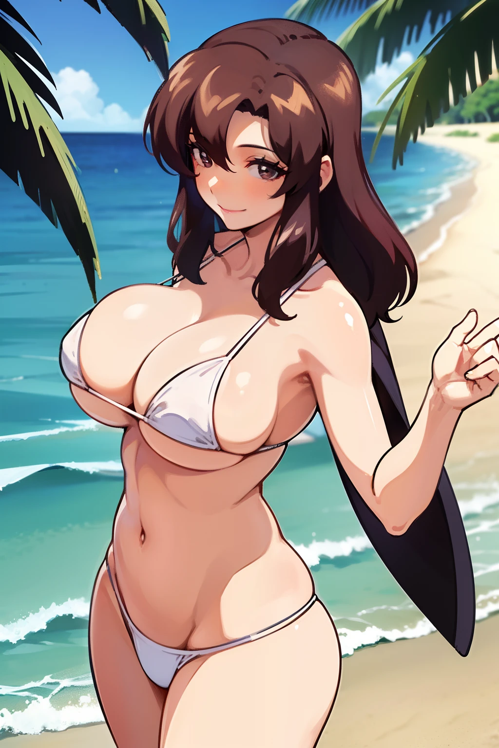 1womanl, A MILF, dark brown hair, kindly smile, large full breasts, cleavage, White micro bikini, upper body, (front view:1.5), sunshine, Beach