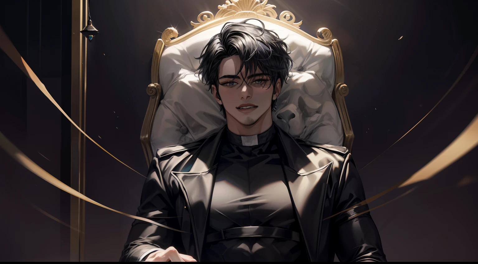 Obra maestra, La mejor calidad, Cara extremadamente detallada, realista, 1hombre, Yoo Joonghyuk, macho maduro, guapo, 25-years old, boca cerrada, retrato, Cara extremadamente detallada, cold and smile, ((ojos grises claros)), ((Cabello corto negro)), [cejas gruesas], Palacio Oscuro, ((Capa negra larga)), ((todo negro)), (ojos grises claros, cielo nocturno, Sentado en el trono.