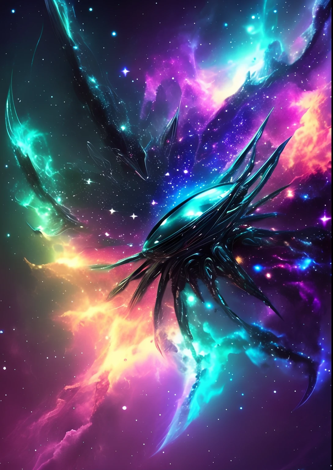 dreamlikeart, galaxy, outer space, nebula, star, [cyberpunked] Spider from the Stars.. (star:1.5),