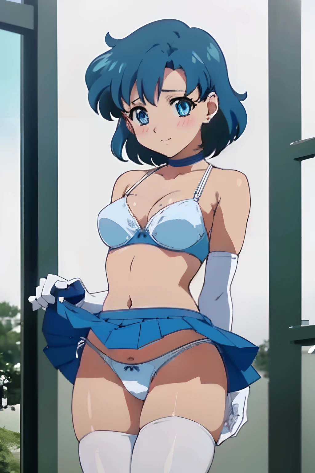 gloves, leggings, bikini, 1 girl, skirt, underwear, short hair, thigh highs, white panties, depth of field, elbow length gloves, blue eyes, blue hair, boobs, solo, blue, mizuno ami, jewelry, bra , button tummy, 2009, ((medium breasts)), skirt, skirt lift, clothes lifter, swimsuit, bikini, white bikini, blush, look at viewer, cute smile