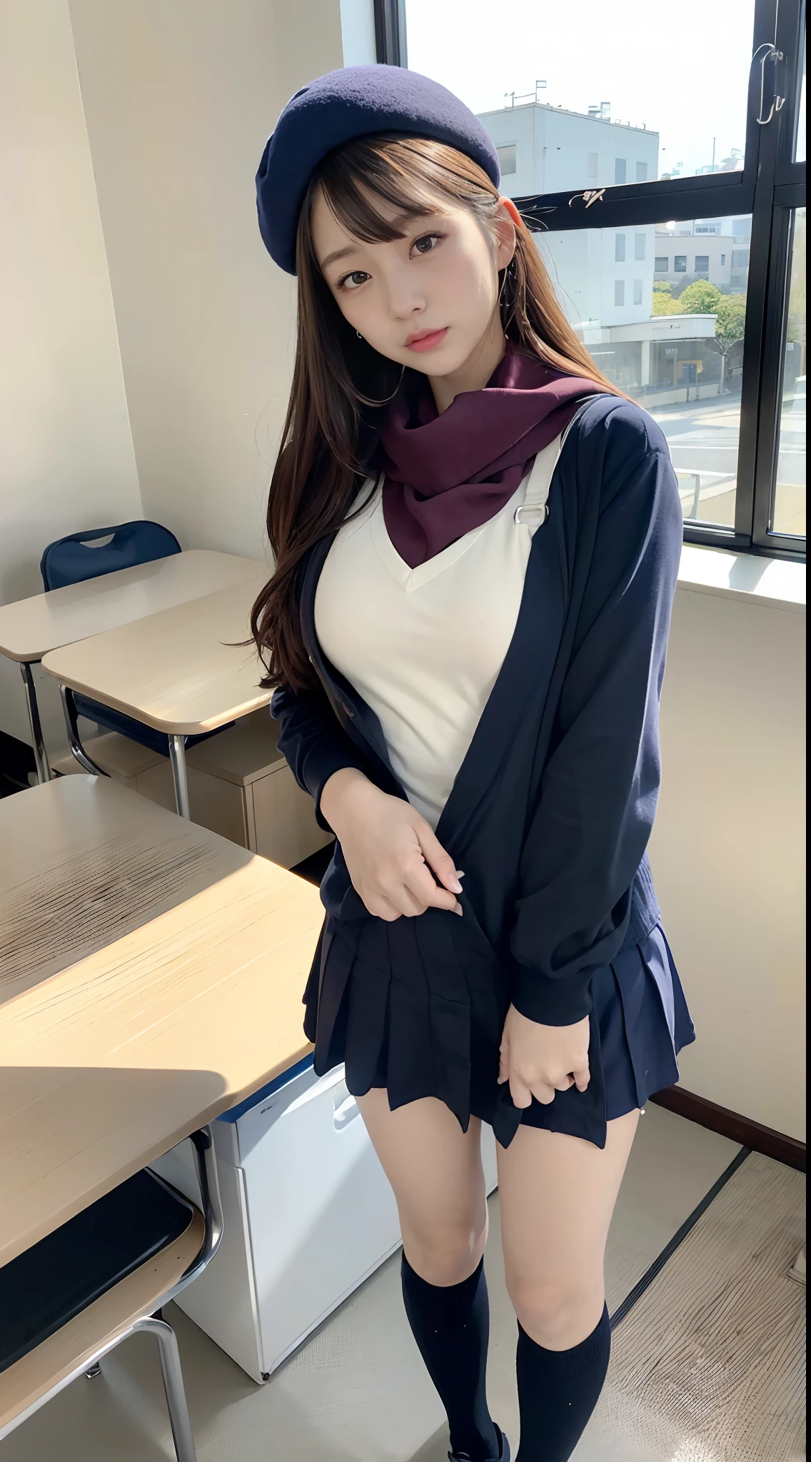 mix4, (16 K, Raw photography, Top image quality, masterpiece: 1.45), (realisitic, Photorealsitic: 1.37), one girls, 7.5, etc、Random hairstyle、Standing figure,Daytime、a very cute,Inside the school building,, profetional lighting, photon maping、physically-based renderingt, Gradient dark brown hair,Crisp backgrounds and high resolution, a handsome, Well-groomed and beautiful eyes、Large double eyelids、Very shiny、girl with, (((student clothes、Winter clothes、Sailor suit worn by Japan schoolgirl、Navy blue sailor color、scarf、a miniskirt, Small beret、high socks、lowfers、Frugal bag))), Top Quality Photos, hight resolution, 1080p, (clearface), (Detailed face description), (Detailed hand description), (masterpiece), (Exquisite CG)、extreme light and shadows、dishevled hair、master work、abundant detail、(Fine facial features)、(top quality photo)、(masuter piece)、(A detailed eye)、Look in front of you、Fine clavicle、((Slender big))、(((Japan schoolgirl in sailor suit)))、((Idle system))、((school classrooms、chalk board、desk and chair、Window side))、(((neat and cute)))、耳Nipple Ring、A big smile、Drawing the whole body from the knees、Do not draw nasolabial folds、(((Long sleeve sailor suit)))、(Big breasts that hang down big:1.2)、Big buttocks with tension、Two arms and two legs、(((from the front side:0.3)))、bare hand、No mask、No skin exposure