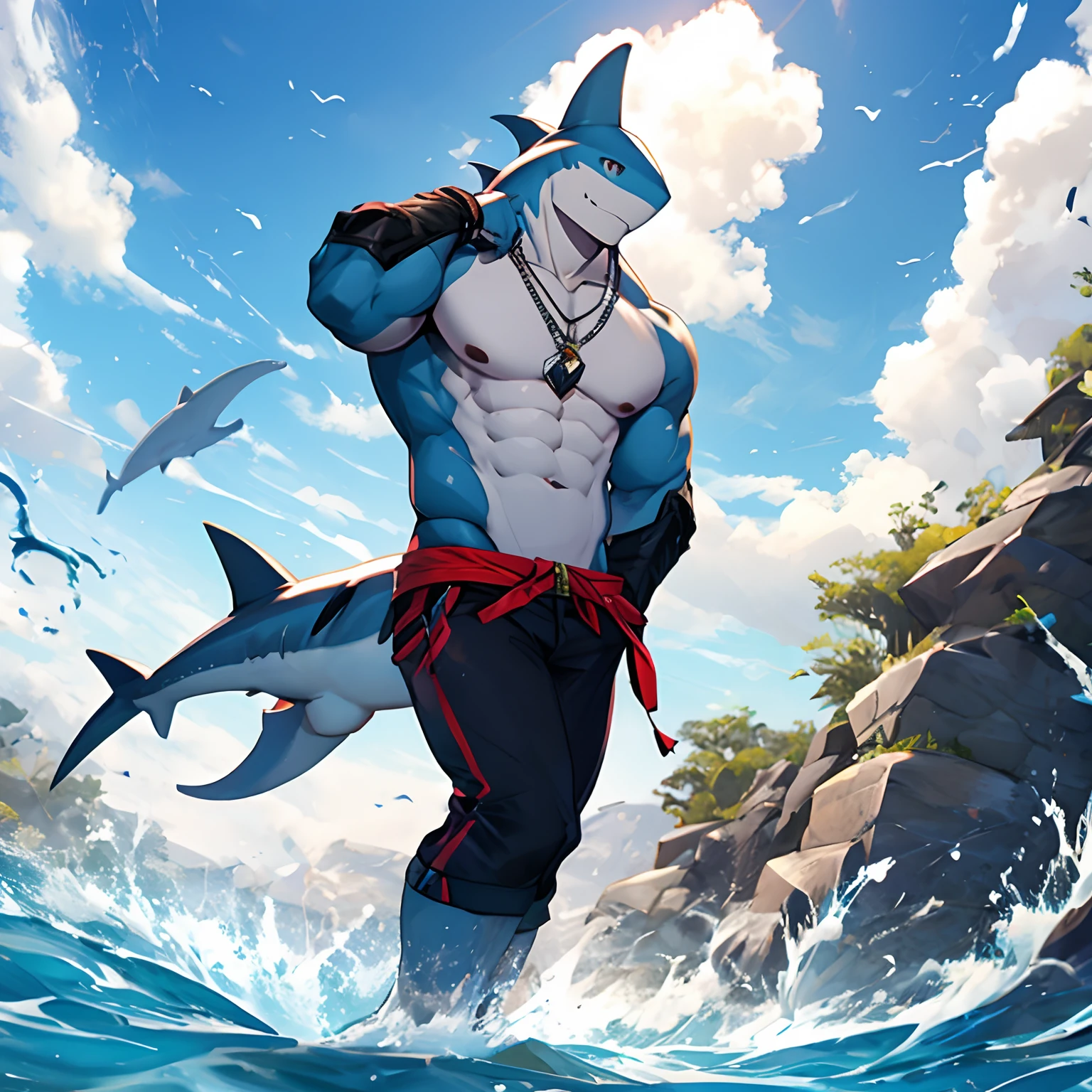 blue bara shark, white countershade, large plump hairy pecs, strong physique, tribal tattoos, scarlet samurai hair in ponytail, cyan colored eyes, black sclera, very muscular, perfect anatomy, scars on body,nipple piercings, solo, masterpiece, beard, strong jaw, thick thighs, giant biceps, muscular, smirking, smug expression, shark tail, in beach, two point perspective, from below view, wearing life guard outfit, lifeguard, grin, amazing shading, full body, detailed hands, detailed eyes, detailed face, detailed arms,anthro, muscular, abs, (detailed:1.5), male, detailed background,  by sligarthetiger, by lindong,  by murizy, by xandy_art, by darkgem, spreading legs, detailed musculature