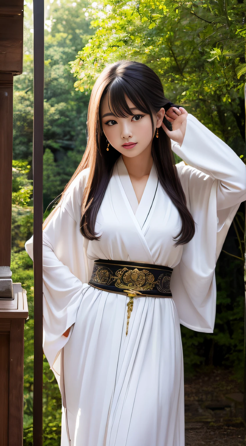 hightquality、masterpiece、ultra res、a beauty girl、cute girl face、temple、shrine maiden、Wearing priestess clothes、full bodyesbian、Famous actresses of Japan、very beautiful face