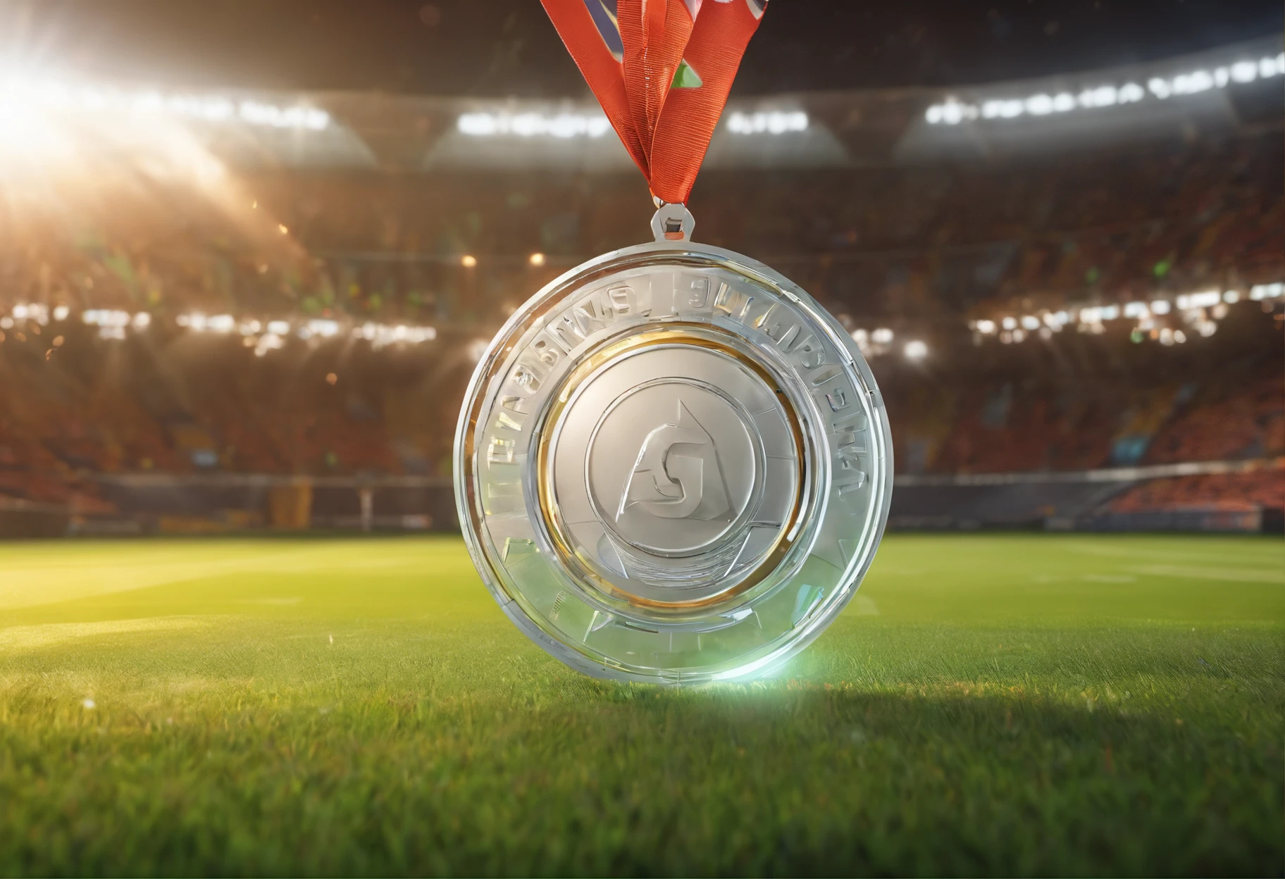 Glass round medal。 Acrylic material。Placed vertically on the grass in the middle of the stadium。Athletics field