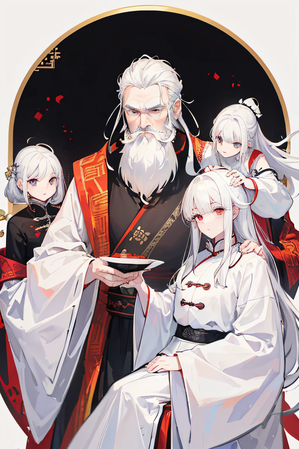 (old man, tall, thin, with family name ling, Chinese-style long-sleeved tunic, white color, beard, white hair, white beard, detailed face, serene expression) (traditional Chinese clothes)(He is a great important elder of your clan and powerful in the world martial artist)