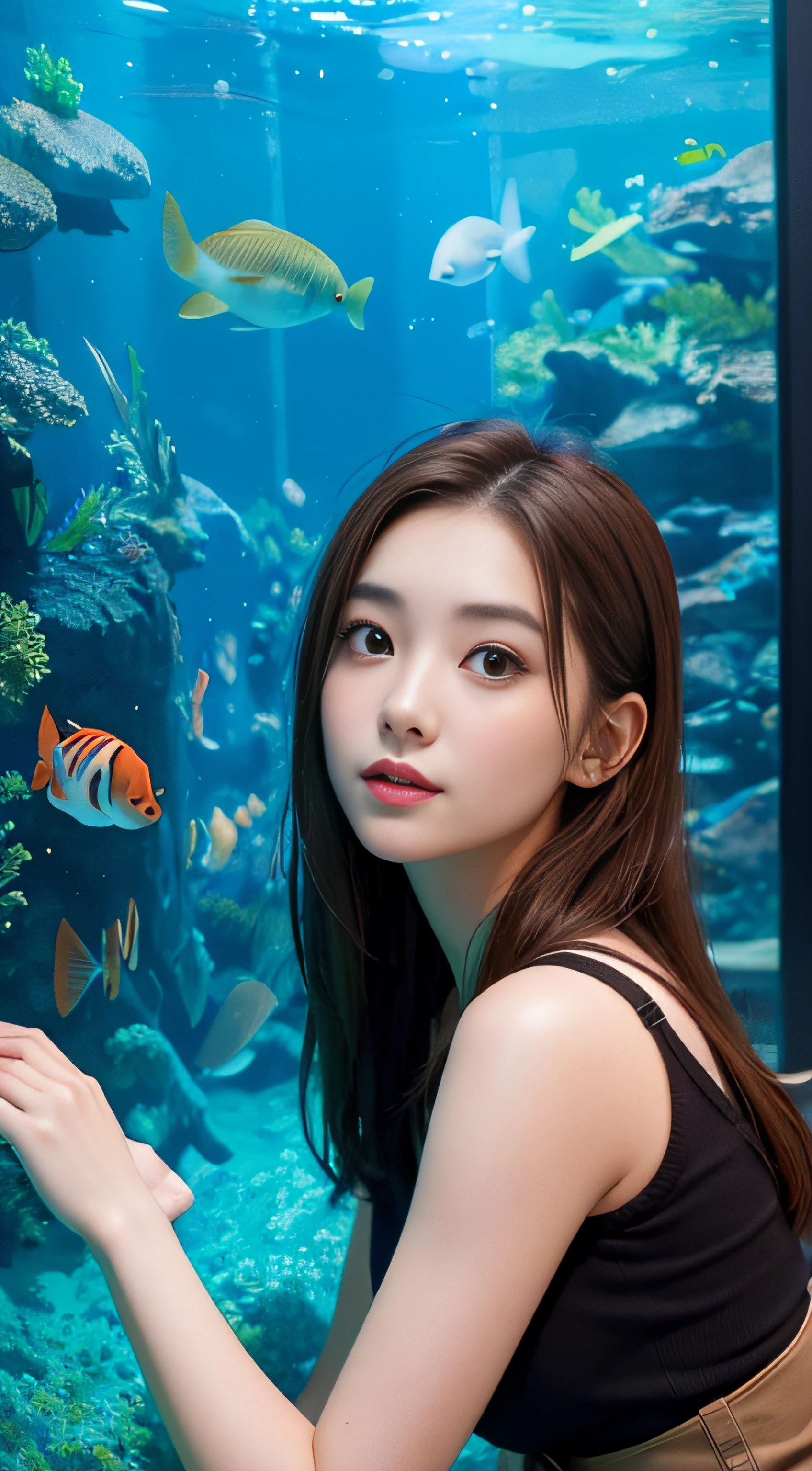 1girl in、Early 20s、(Super beautiful)、(ultra beautiful faces)、Wearing makeup、brown haired、(In front of the aquarium aquarium)、a miniskirt、Shallow depth of field