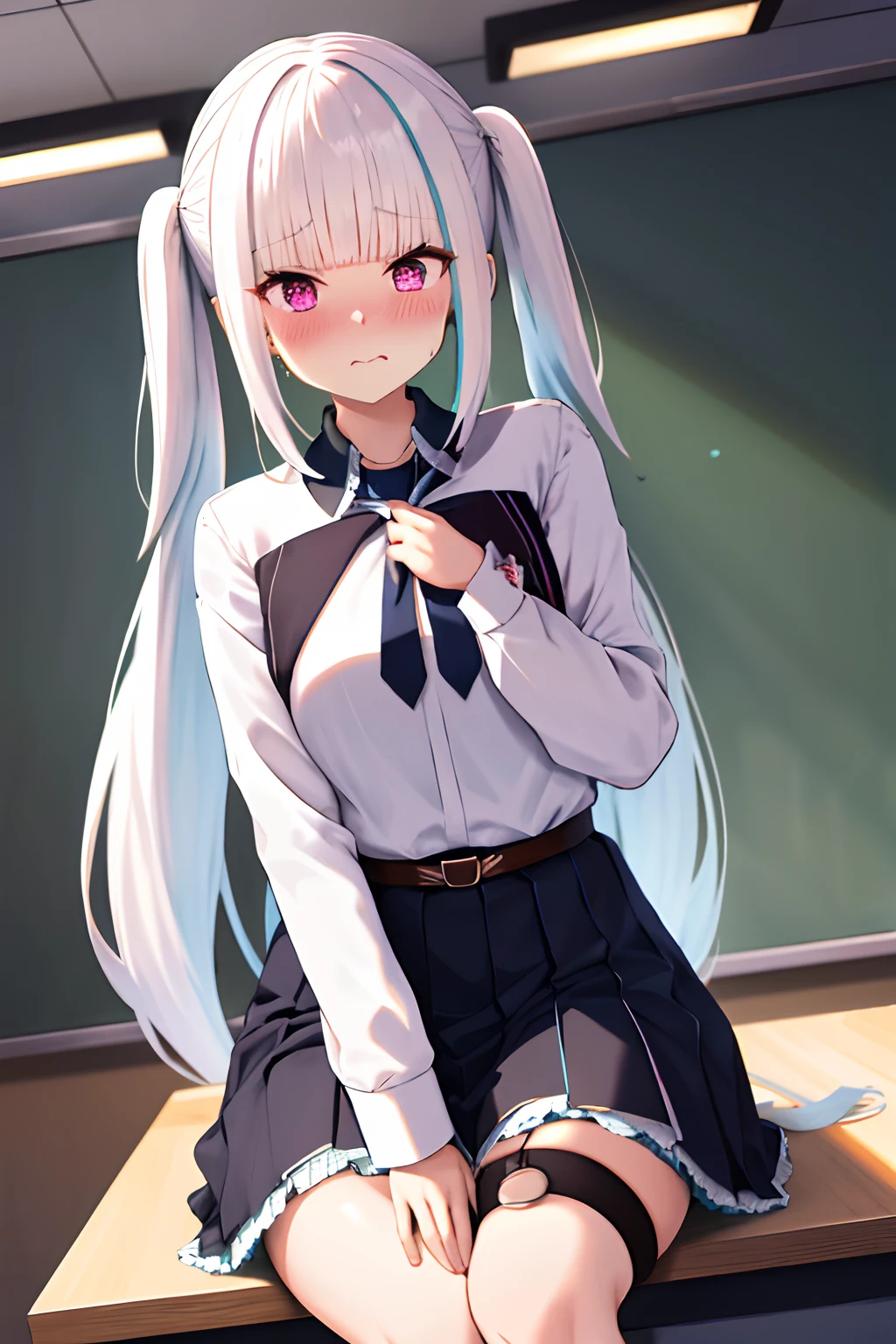 One girl with long twintail hair, white hair, looking at viewer, embarrassed, blushing, mouth open, classroom, white tight shirt, mini black skirt, thigh , school uniform, necktie, ear blush, hands in waist, mature female, sweating,