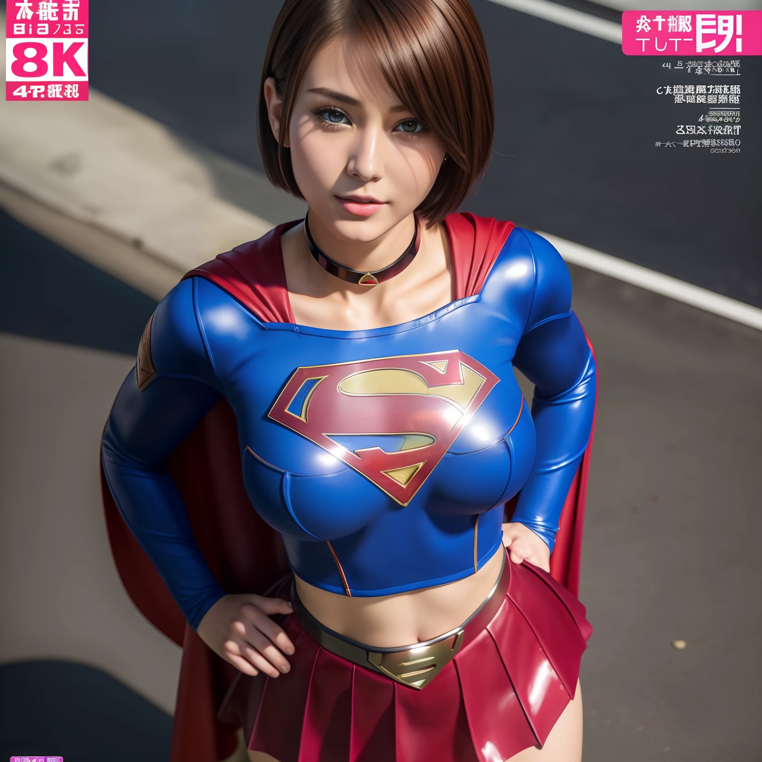 (Best Quality,4K,8K,hight resolution,masutepiece:1.2),Ultra-detailed,Realistic:1.37,Super masterpiece,Short-haired Supergirl、large full breasts、Looking at the camera、Glossy costume、a choker、Too short miniskirt、Magazine covers、Navel out