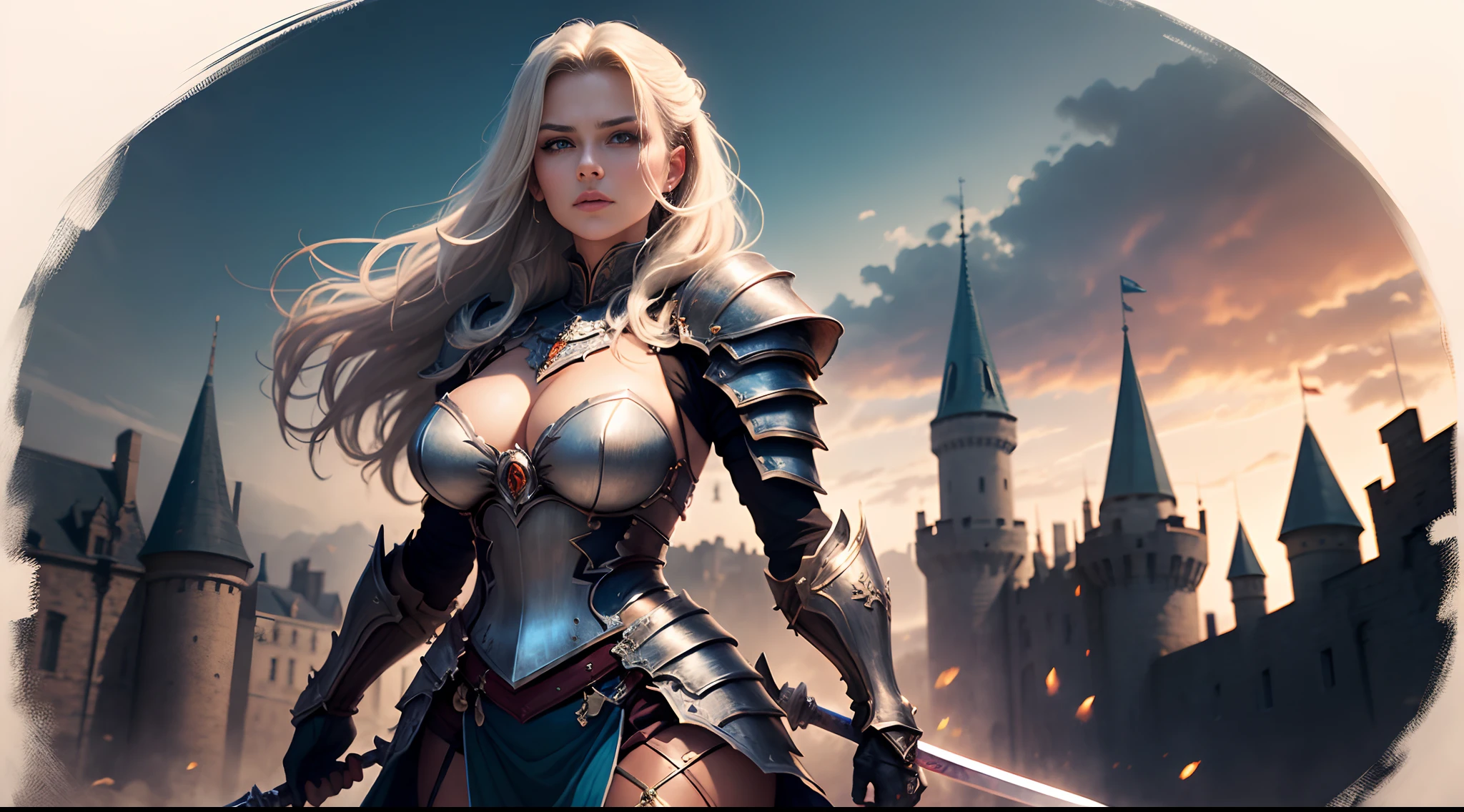 tmasterpiece，top-quality，best qualityer，((photorealestic：1.9))，（femele：1.4），（Large breasts），warrioress，Heavy armor，complex patterns，The background is the castle，dramatics，（magia：1.8），（Glowing sword：1.5），Mysterious symbol