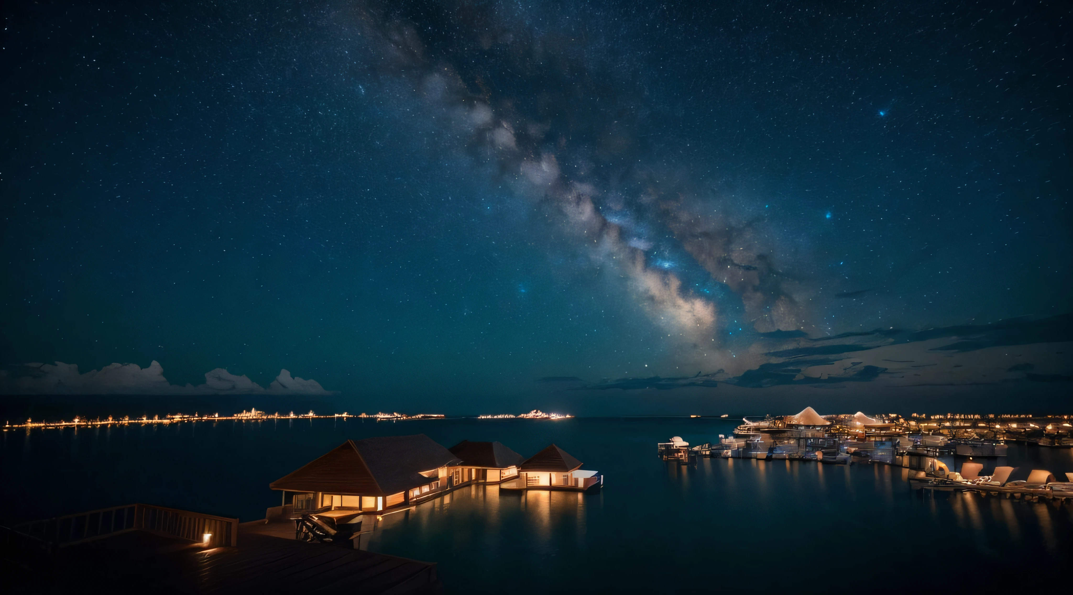 (((Superb view))),((masterpiece,top-quality,16 K)),mare,夏天,natta,Resort,night sky full of stars,Super detailed starry sky,Hotel,Ultra-detailed room,Maldives