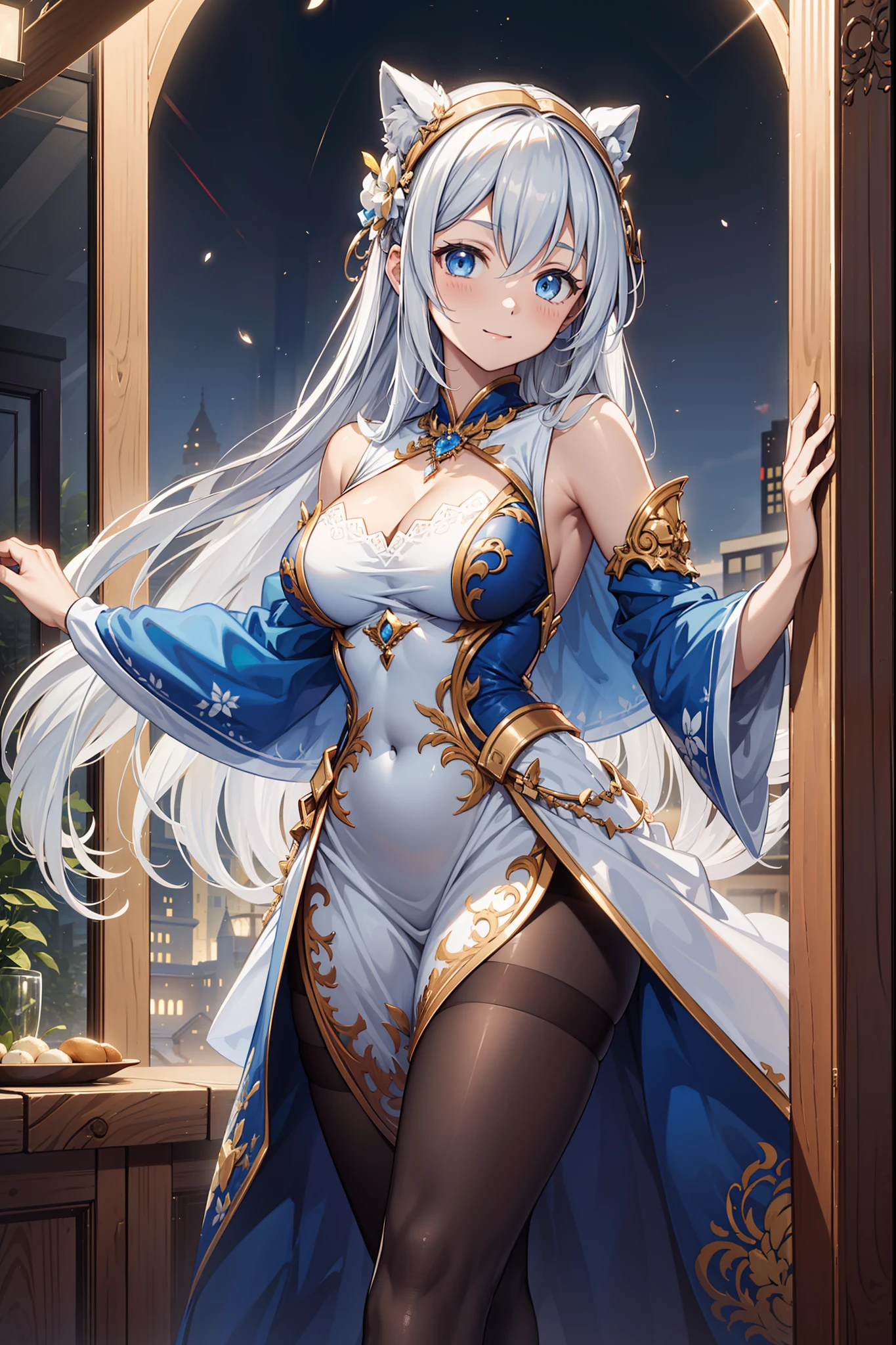 teens girl,divino,(Best quality,4K,8K,A high resolution,Masterpiece:1.2),Ultra-detailed,Enchanted,Seductive pose,having fun,divino,(Western magic white dress),silber hair,eBlue eyes,see-through transparent clothes,Delicate hair accessories,Transparent lace,Sky blue cloth,deep in the night,exquisite costumes,Bedrooms,solo person,Carved pantyhose