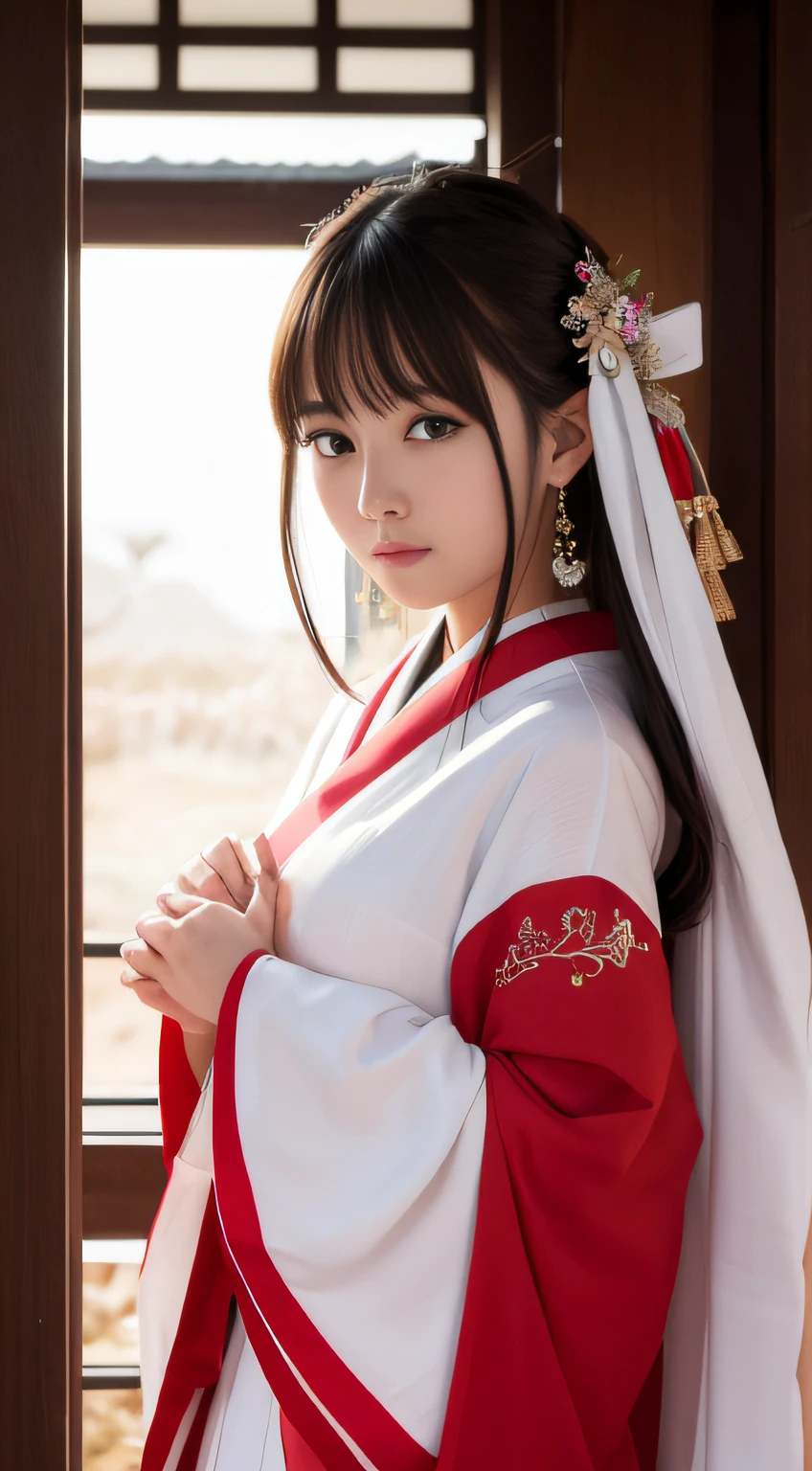 hightquality、masterpiece、ultra res、a beauty girl、cute girl face、temple、shrine maiden、Wearing priestess clothes、full bodyesbian、Famous actresses of Japan、very beautiful face