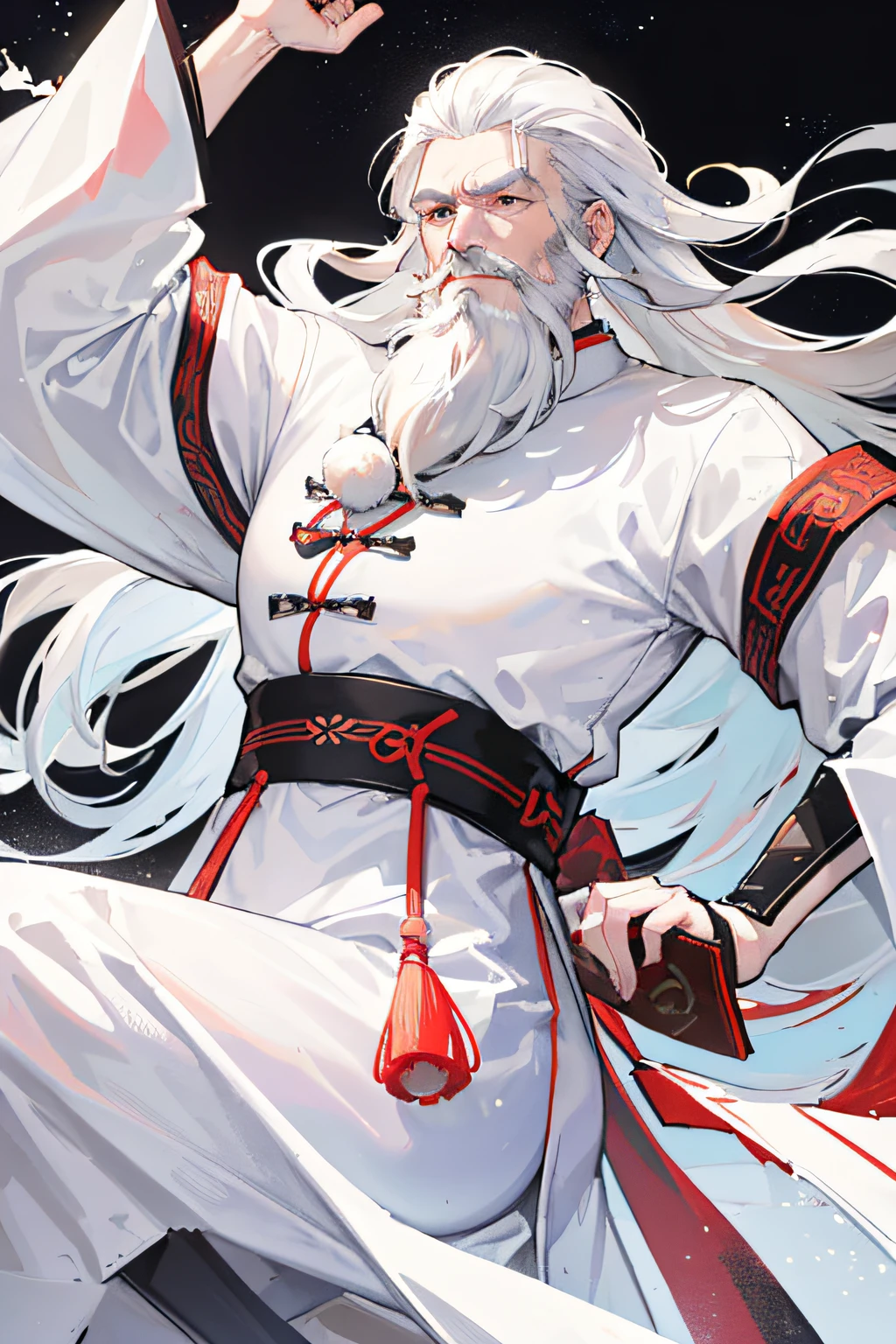 (old man, tall, thin, with family name ling, Chinese-style long-sleeved tunic, white color, beard, white hair, white beard, detailed face, serene expression) (traditional Chinese clothes)(He is a great important elder of your clan and powerful in the world martial artist)