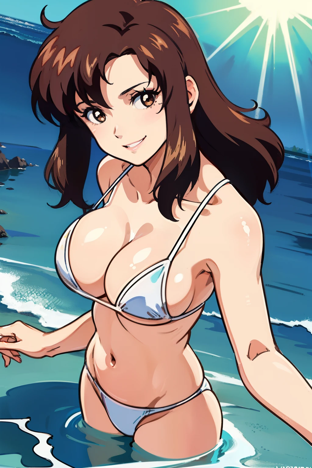 1womanl, A MILF, dark brown hair, kindly smile, large full breasts, cleavage, White micro bikini, upper body, (front view:1.5), sunshine, Beach