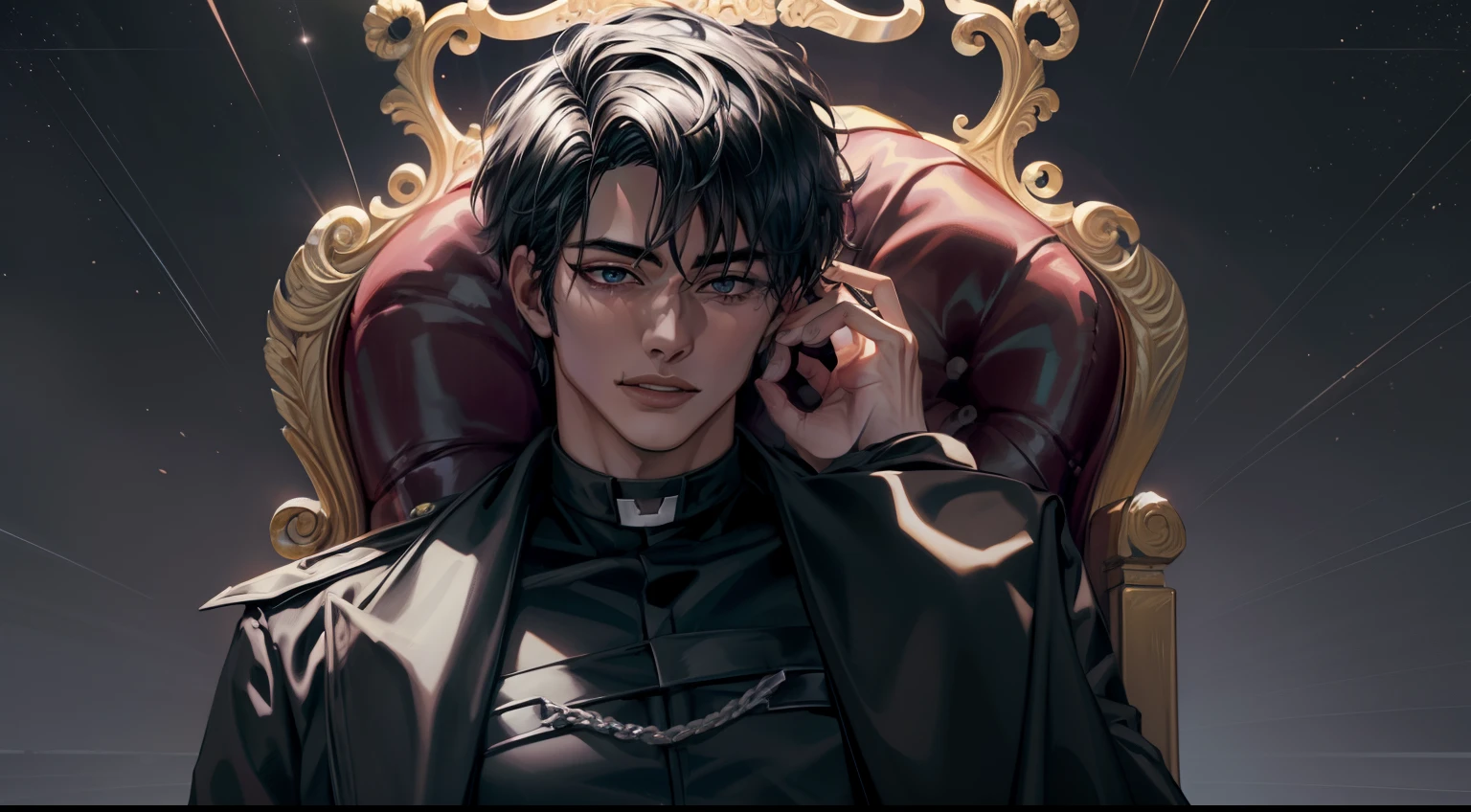 Obra maestra, La mejor calidad, Cara extremadamente detallada, realista, 1hombre, Yoo Joonghyuk, macho maduro, guapo, 25-years old, boca cerrada, retrato, Cara extremadamente detallada, cold and smile, ((ojos grises claros)), ((Cabello corto negro)), [cejas gruesas], Palacio Oscuro, ((Capa negra larga)), ((todo negro)), (ojos grises claros, cielo nocturno, Sentado en el trono.