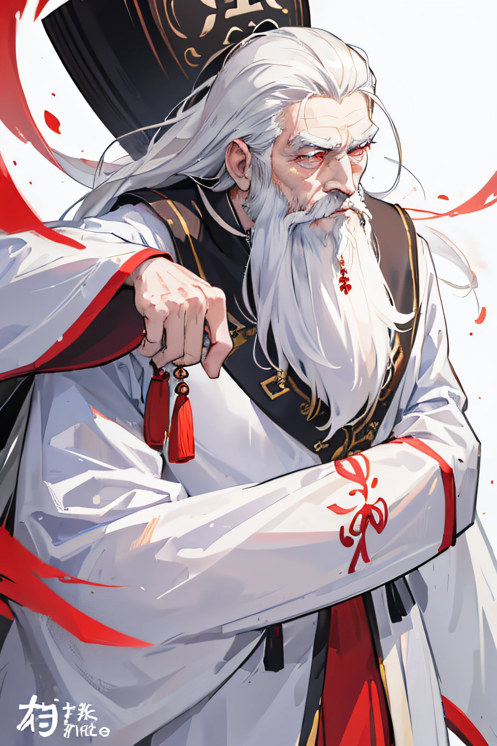 (old man, tall, thin, with family name ling, Chinese-style long-sleeved tunic, white color, beard, white hair, white beard, detailed face, serene expression) (traditional Chinese clothes)(He is a great important elder of your clan and powerful in the world martial artist)
