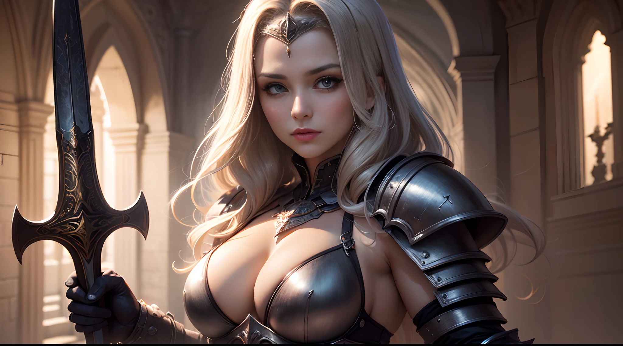 tmasterpiece，top-quality，best qualityer，((photorealestic：1.9))，（femele：1.4），（Large breasts），warrioress，Heavy armor，complex patterns，The background is the castle，dramatics，（magia：1.8），（Glowing sword：1.5），Mysterious symbol