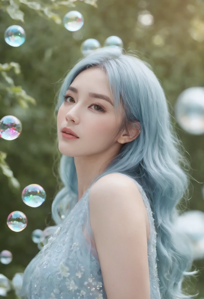 (Master parts), (Best quality), (ultra - detailed),(shaggy hair),(illustration), (1girll), (fashionable attire), standing, A fashion model, looki at viewer, (interview), (simple backgound),美丽细致的眼睛, exquisite and beautiful face, Floating,(High saturation),(colorful splashs),colorful bubble,(Shining), focus onface, horse tailed, Kamiasto ayaka, light blue hair, rim, hair loops, Floating flowers, Floating hairs, (Shining), best illuminate, Best shade,