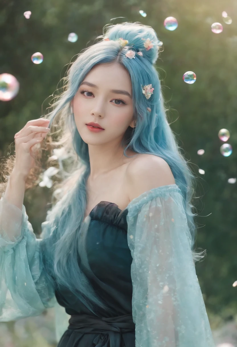 (Master parts), (Best quality), (ultra - detailed),(shaggy hair),(illustration), (1girll), (fashionable attire), standing, A fashion model, looki at viewer, (interview), (simple backgound),美丽细致的眼睛, exquisite and beautiful face, Floating,(High saturation),(colorful splashs),colorful bubble,(Shining), focus onface, horse tailed, Kamiasto ayaka, light blue hair, rim, hair loops, Floating flowers, Floating hairs, (Shining), best illuminate, Best shade,