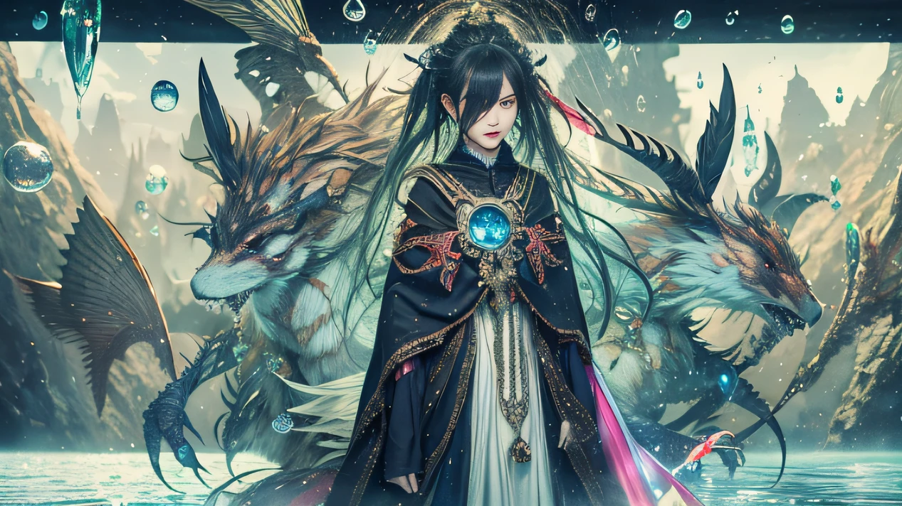Water Control Management Act,Blood,Night, Dark, (fantasy),unlimited,Deep blue sky,Black eyeballs,Water flow hood,((masutepiece)), (((Best quality))),((Beautiful fine eyes)),(eyeslashes)、A goddess riding a mythical beast、(1 Fairy)、Black hair、cabelos preto e longos、abyss eyes、glowy skin、oiled、small tits、(Huge water droplets)、golden robes、Tattered fabric、Realistic coat、、crystal、Super delicate CG Unity 32k wallpaper、tmasterpiece, ((ultra - detailed)), ((illustratio)),Extremely colorful,the wallpaper,energy,Unknown terror,mind bending,Around water technology,Magical environment,Guns and sticks,Boken,Flight page,Know it all,Predicting the future、Learn about the past、Infinite wisdom、Blue Flame、Warlock、Langshu Circle、pentacle、Spells、mantra、Singing magic