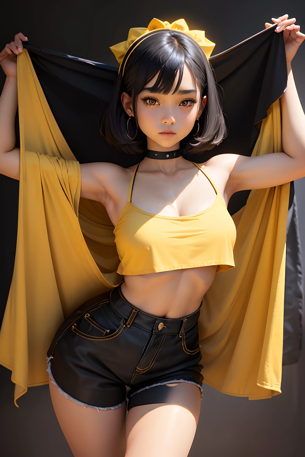 masterpiece,best quality,black_short_hair, 1girl, solo, dark_light_skin, yellow_eyes (ager_girl), long_hair, armpit, no_panties, big_legs, no_bra, shorts_dress,big_hips, ribbon_hair, open_navel, half_smile.
