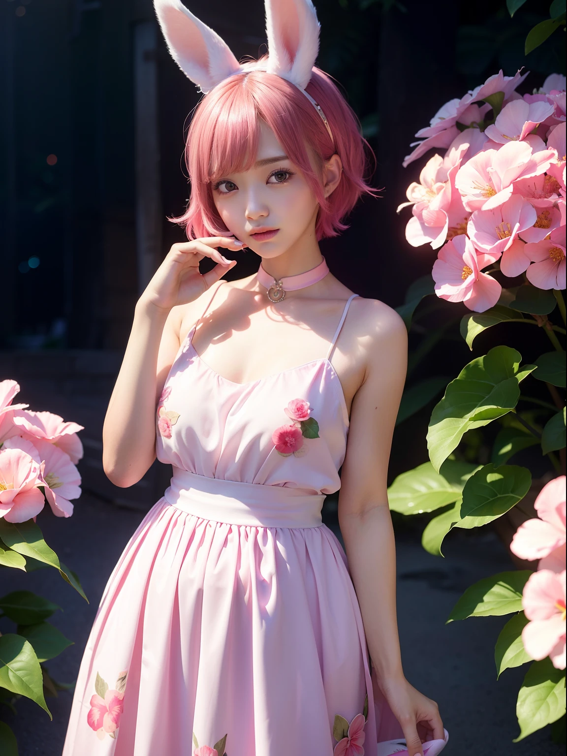 masterpiece, absurdres, sakura\(boruto\), upskirt, 1girl, solo,mature female, lenjerie, detailed lenjerie, losing clothes, looking at viewelling petals), perfect composition, detailed lips, big breast, beautiful face, body propotion, blush, (pink lips), short hair, green eyes, soft gaze, super realistic, detailed, photoshoot, realistic face and body, thighhighs, full body