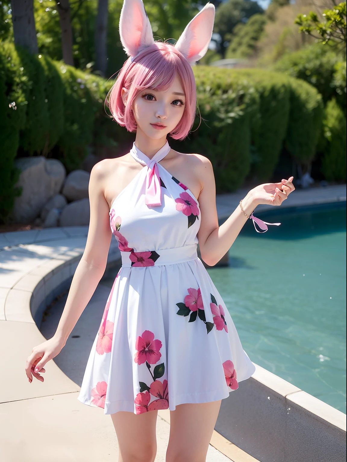 hula、Floral dress、Hibiscus print dress、Pink Shorthair，(8K, top-quality, ​masterpiece:1.2), (realisitic, Photorealsitic:1.37), ultra-detailliert, 1 girl in, Whole body esbifa layer、cute little、独奏、Beautiful detailed night sky、tiny chest、small tits、（short-hair：1.2）、Floating Hair NovaFrogStyle、masuter piece、Pink Shortcut Bob、Realistic rabbit ears、Pink realistic rabbit ears、Realistic ears of rabbits sticking out of the head、Pink hair、Beautiful girl in her 20s、Bewitching atmosphere、Beautiful shaped hands、K-POP、Pink rabbit ears、1 girl in、独奏、​masterpiece、top-quality、realisitic、Hyper-detailing、(Glossy skin:1.4)、absurderes、short pink hair、Slender beauties、动态照明、hight resolution、foco nítido、depth of fields、(thick thight:1.0)、A slender :1.2，((Short-cut bob hair))、((k pop:1.3))，Highly detailed facial and skin texture、((魅惑的))，Anatomically correct number of fingers，Correct anatomy