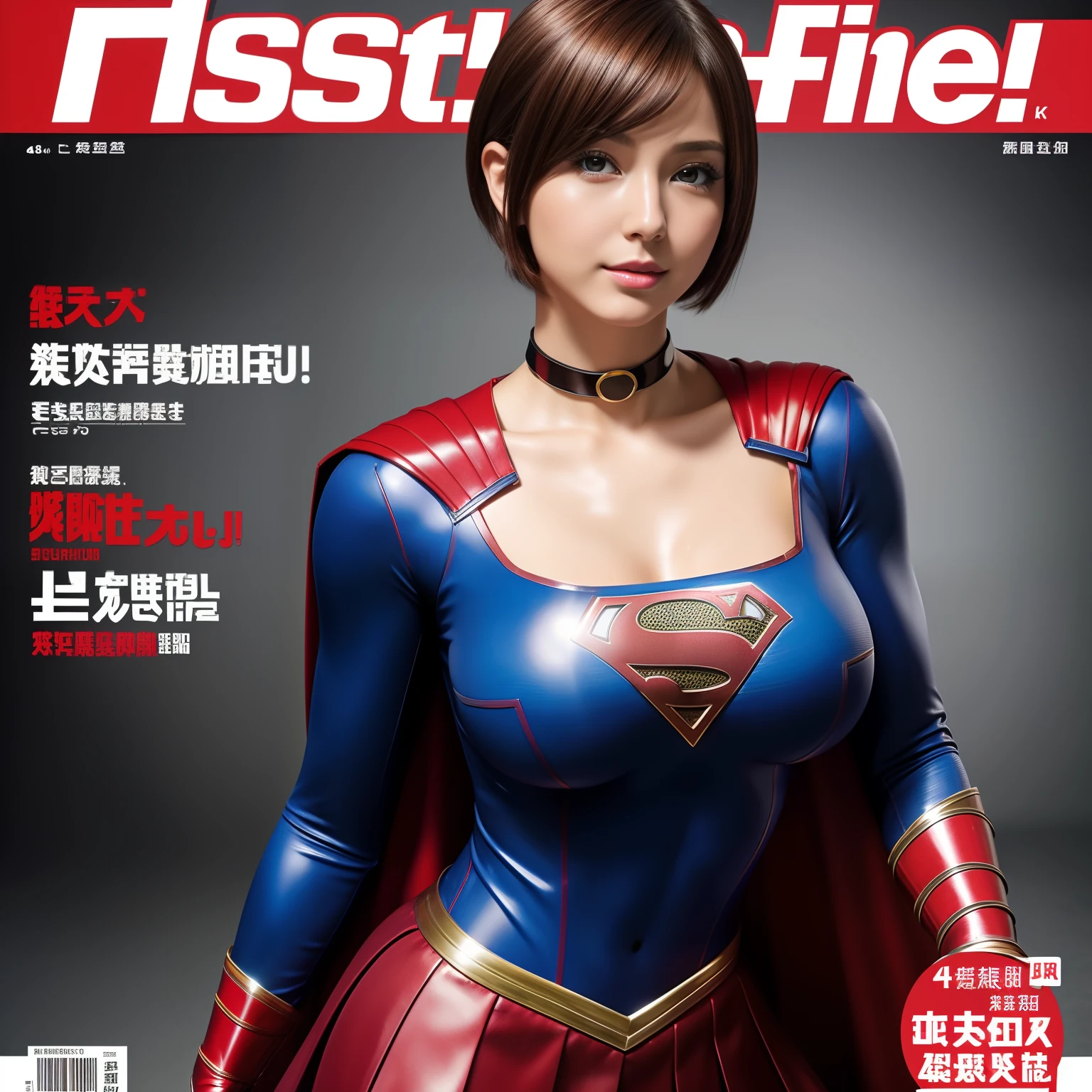 (Best Quality,4K,8K,hight resolution,masutepiece:1.2),Ultra-detailed,Realistic:1.37,Super masterpiece,Short-haired Supergirl、large full breasts、Looking at the camera、Glossy costume、a choker、Too short miniskirt、Magazine covers、Weekly Magazine