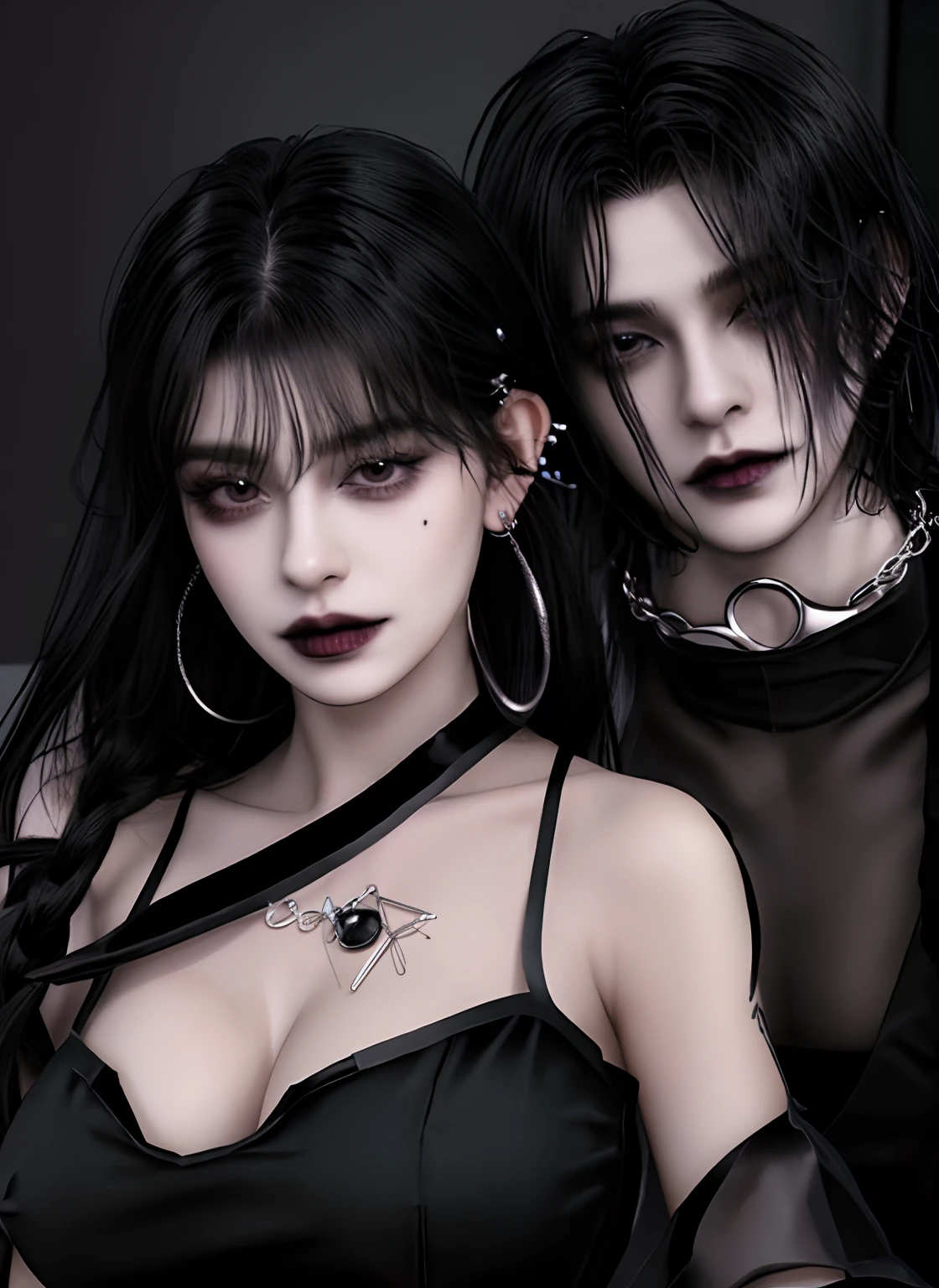 there are couples with black hair and piercings posing for a picture, second life avatar, imvu, secondlife, gothic harts, charli bowater and artgeem, sakimichan and frank franzzeta, mall goth, trending on deviant art, goth family, lblsck hair, neo goth, dark and gothic outfit