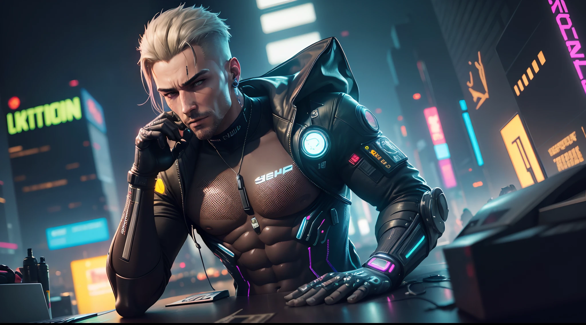 man, Realism. in suit, cyberpunk, robotic body parts, (Best quality, high resolution, ultra-detailed), (Realistic: 1.37), Professional, Vivid colors. money, eurodollar, cyberpunk 2077