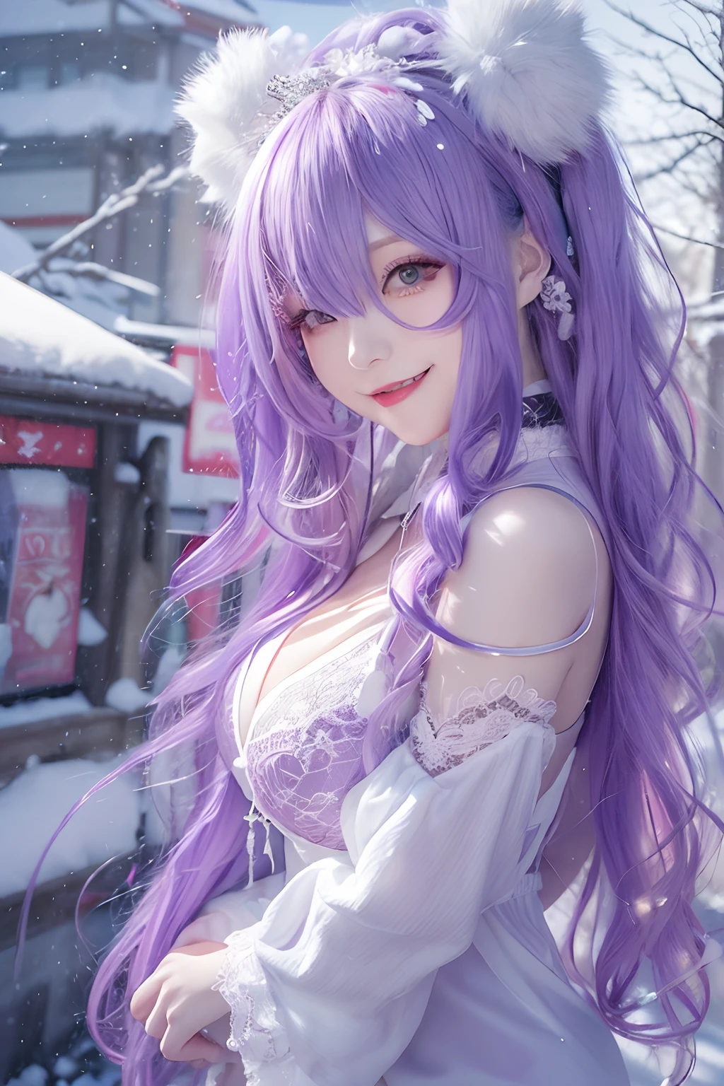 Snow Mountain、リアルBeauty、AIBeauty、Chest opening、Purple hair、Leaning forward