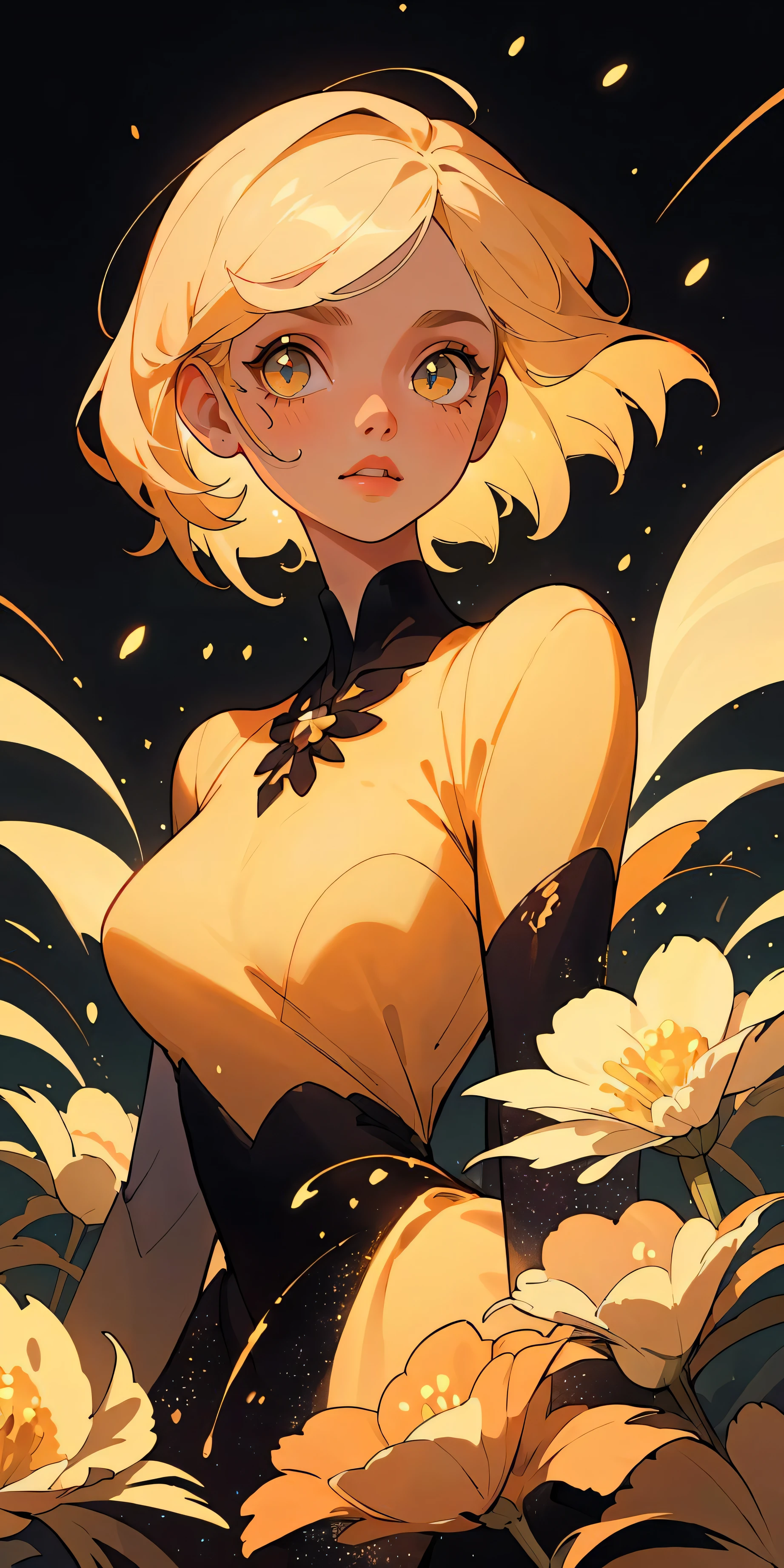 (best quality, masterpiece), 1girl, galaxy, glitter, dress, particle, wind, flower, full body, completely nude, ((areolas and vagina exposed)), dark background, looking at viewer, blonde,nsfw