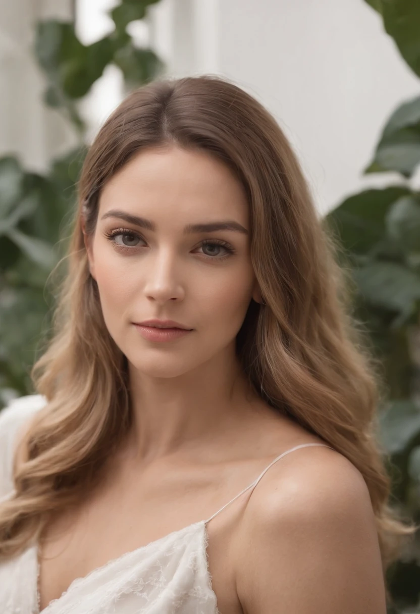 Crie a imagem de uma mulher de 35anos. She's a beautiful white woman, com medio cabelos castanhos escuros com mechas loiras. She has the perfect face with peach skin. His personality is gentle and intellectual. She's got her mouth shut. Their clothing style is elegant and classic. She is faced with an expression that exudes credibility. Fica em uma varanda com plantas. Por favor, gere uma imagem realista dela capturando todos esses detalhes e recursos. Foto com qualidade 8k e desfoque.
