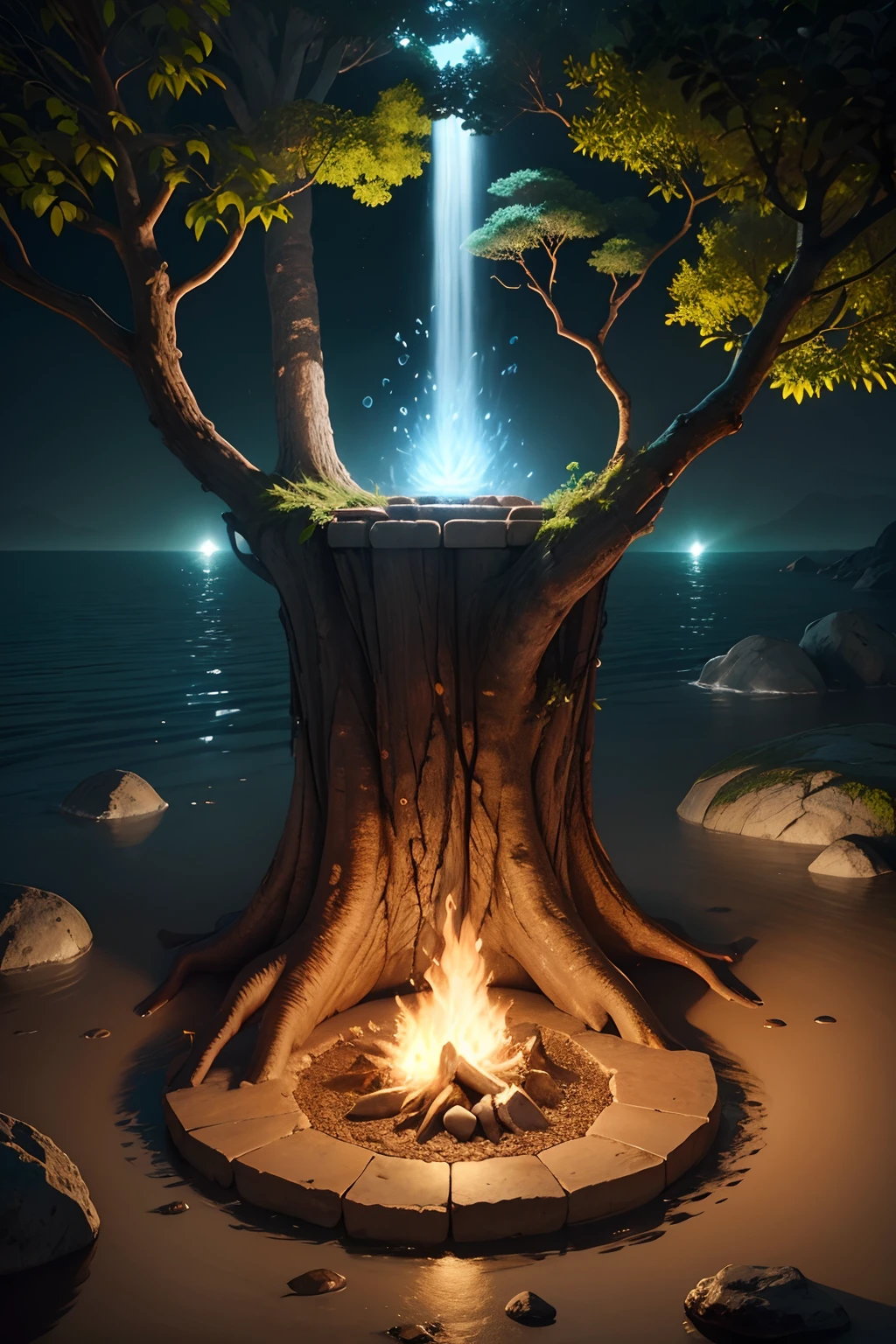 4 elementos, agua, terra, fogo, ar, connected to a tree, corpos luminosos