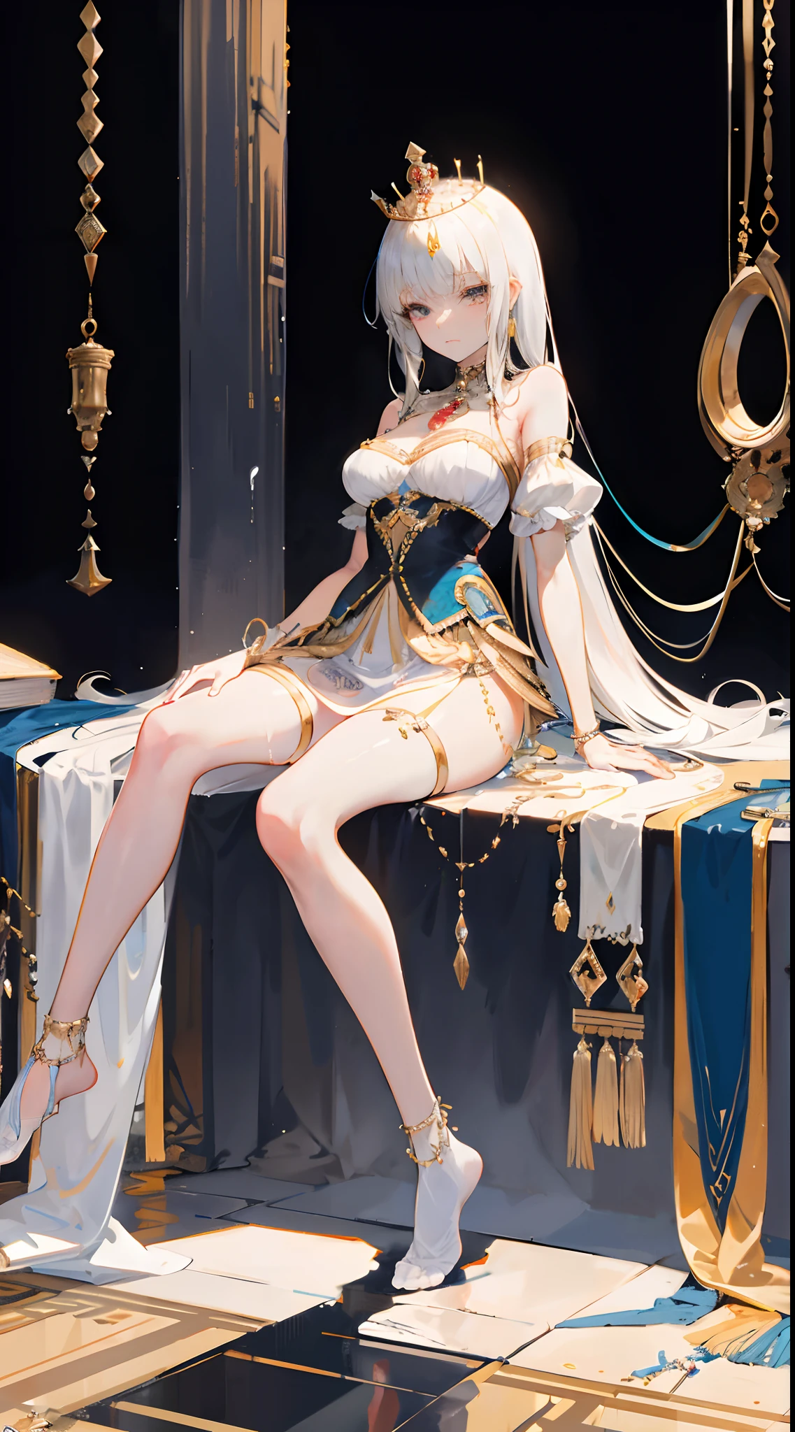 (Masterpiece:1.2), best quality, (illustration:1.2), (ultra-detailed), hyper details, (delicate detailed), (intricate details), (cinematic light, best quality Backlights), clear line, from below, soloist, perfect body, (1girl), white hair and yellow eyes, (emperor, black see-through clothes), (crown: 1.1), sitting on the throne, eyes slightly closed, head down, (shy: 1.2 ), (makeup), high contrast, (best illumination, an extremely create and beautiful), (cinematic light), colorful,