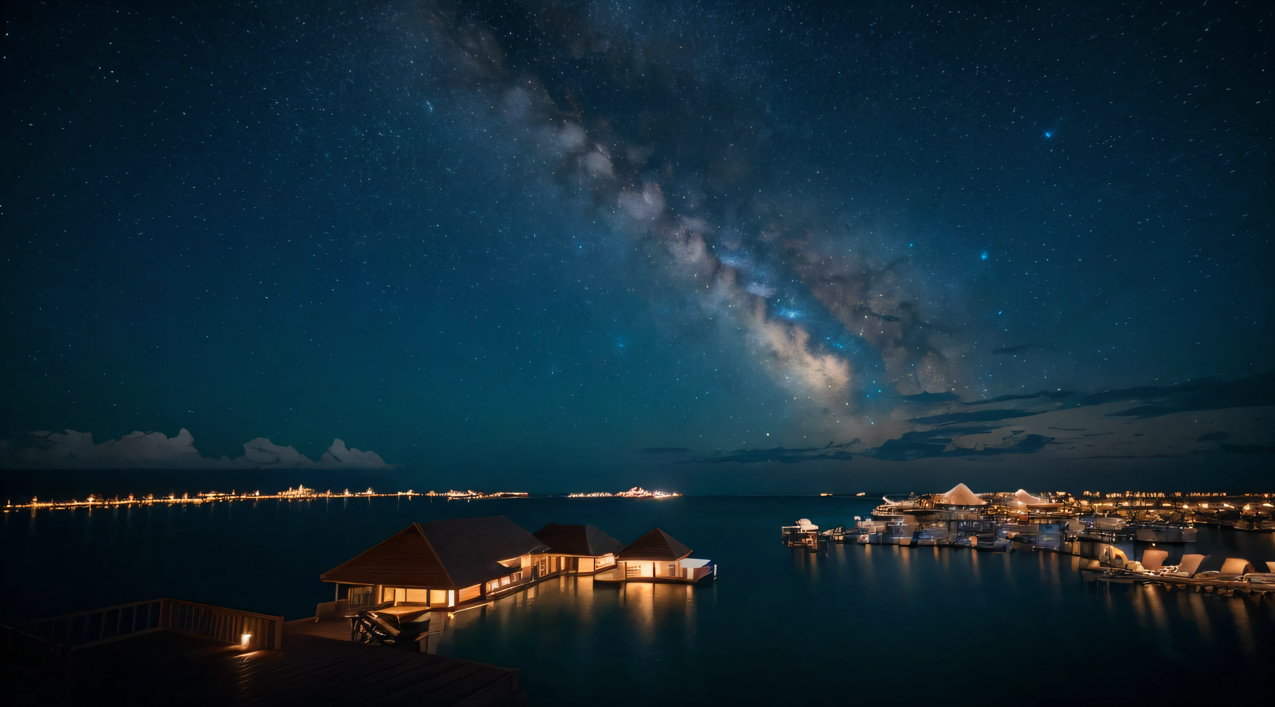 (((Superb view))),((​masterpiece,top-quality,16 K)),mare,夏天,natta,Resort,night sky full of stars,Super detailed starry sky,Hotel,Ultra-detailed room,Maldives