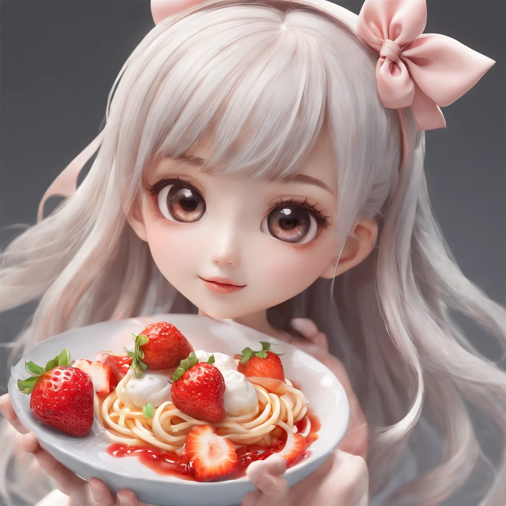 (Best quality), (masterpiece:1.3), (photorealistic:1.36), (realistic), ultra-detailed, Small creature in Japanese Anime Style, Character of cute girl. kawaii, chibi, flared skirt, indoor, Spaghetti with strawberry sauce in transparent dish,