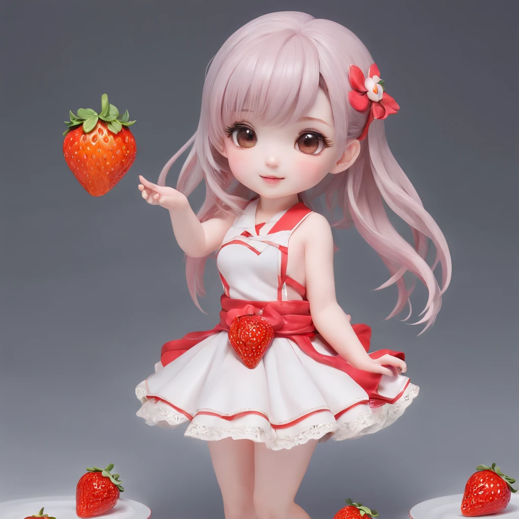 (Best quality), (masterpiece:1.3), (photorealistic:1.36), (realistic), ultra-detailed, Small creature in Japanese Anime Style, Character of cute girl. kawaii, chibi, flared skirt, indoor, Spaghetti with strawberry sauce in transparent dish,