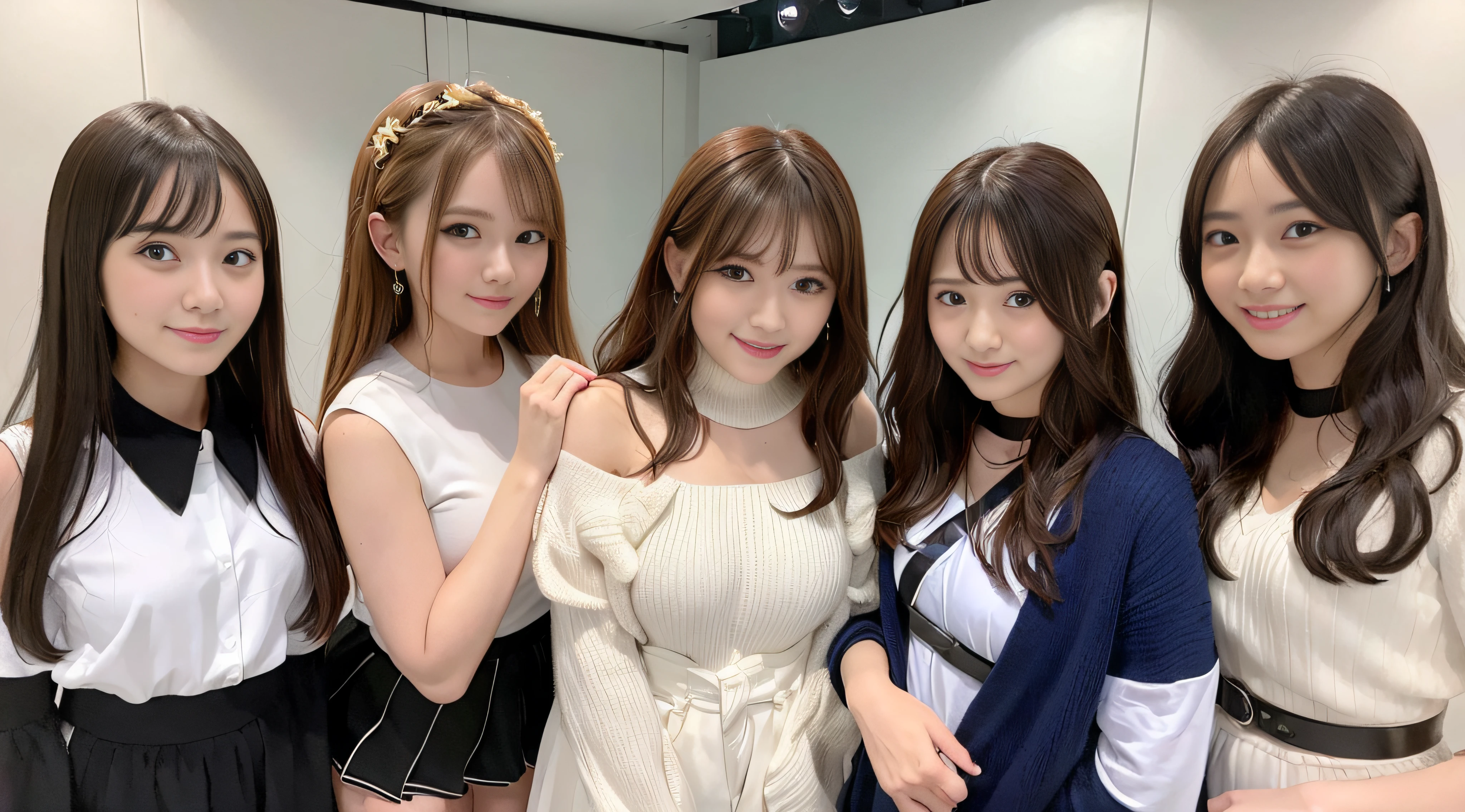 ((top-quality)), ((​masterpiece)),Group of young women posing for photos in studio, Happy!!!, idolmaster, Single !!tear!!, cutecore, a-channel, sakimichan, smile coy, Idol, Photo session, Beautiful girls, Cute:2, group, White background : 3, Seifuku, 9 persons