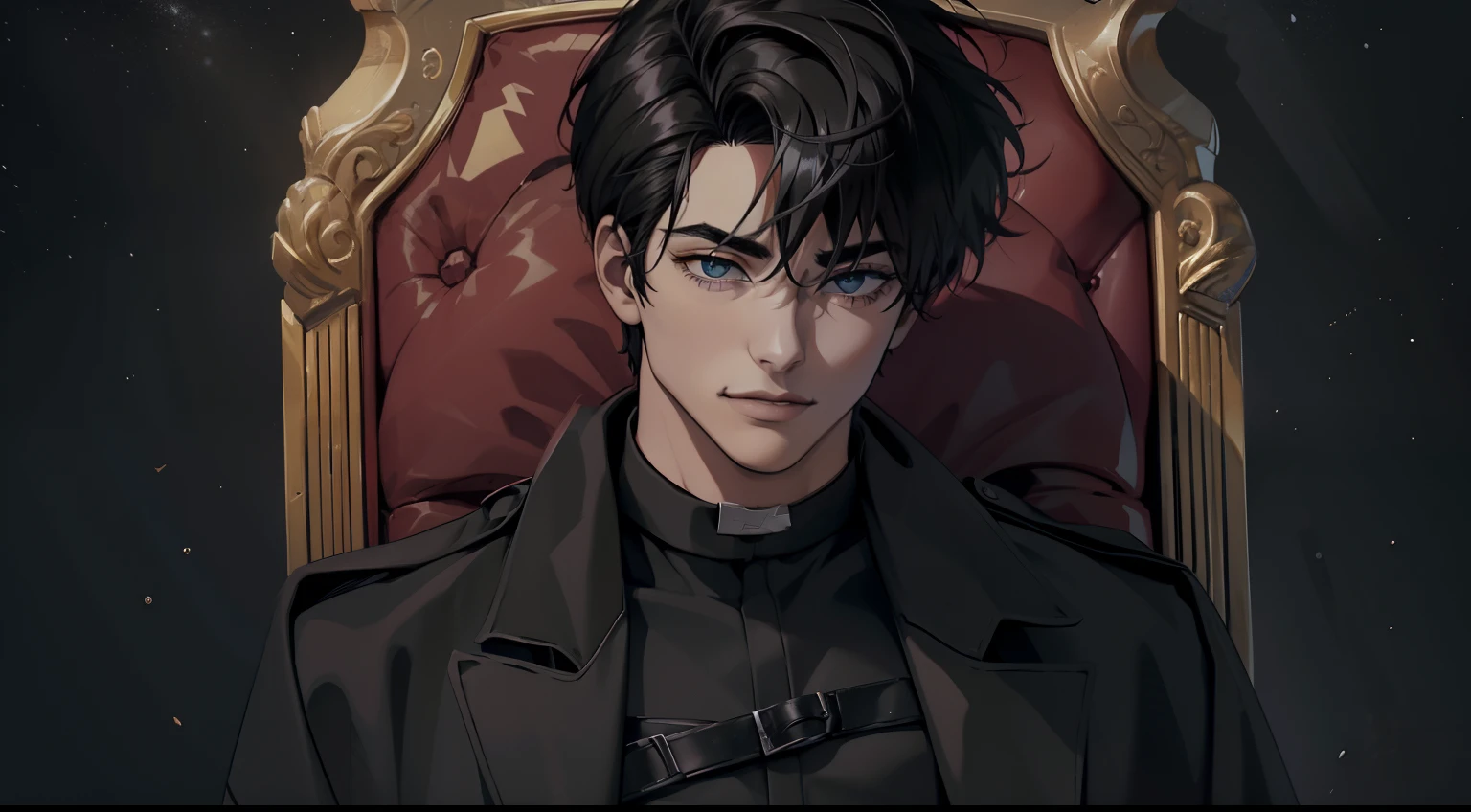 Obra maestra, La mejor calidad, Cara extremadamente detallada, realista, 1hombre, Yoo Joonghyuk, macho maduro, guapo, 25-years old, boca cerrada, retrato, Cara extremadamente detallada, cold and smile, ((ojos grises claros)), ((Cabello corto negro)), [cejas gruesas], Palacio Oscuro, ((Capa negra larga)), ((todo negro)), (ojos grises claros, cielo nocturno, Sentado en el trono.