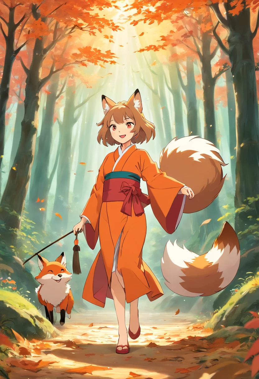 Two-shot photo of a girl and a fox,(Fantasia,Kitsune Yokai Four-Tailed Heavenly Fox,),(Girl and Fox Yokai: The Tale of the Four-Tailed Heavenly Fox), (With a girl bent down deep in the forest and looking up,Fox Yokai Two-shot movie of a fox protecting a girl's back Poster of the four-tailed heavenly fox), (natural soft light.)(Sunlight,),(Sunlight,),(Professional Lighting.), (glossy light brown and orange two-tone color,,Wave Shortcut Hair,disheveled hair,),japanese kimono,Geta,Cute round face red lipstick,A cute smile that makes the viewer happy, autumn forest,Strong wind soaring over dead leaves