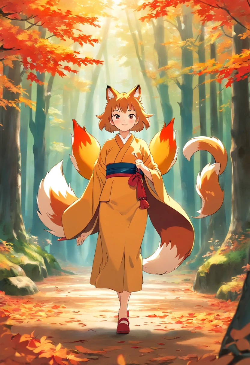 Two-shot photo of a girl and a fox,(Fantasia,Kitsune Yokai Four-Tailed Heavenly Fox,),(Girl and Fox Yokai: The Tale of the Four-Tailed Heavenly Fox), (With a girl bent down deep in the forest and looking up,Fox Yokai Two-shot movie of a fox protecting a girl's back Poster of the four-tailed heavenly fox), (natural soft light.)(Sunlight,),(Sunlight,),(Professional Lighting.), (glossy light brown and orange two-tone color,,Wave Shortcut Hair,disheveled hair,),japanese kimono,Geta,Cute round face red lipstick,A cute smile that makes the viewer happy, autumn forest,Strong wind soaring over dead leaves