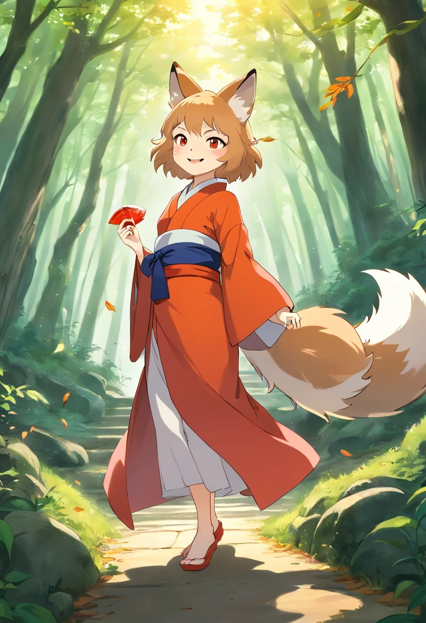 Two-shot photo of a girl and a fox,(Fantasia,Kitsune Yokai Four-Tailed Heavenly Fox,),(Girl and Fox Yokai: The Tale of the Four-Tailed Heavenly Fox), (With a girl bent down deep in the forest and looking up,Fox Yokai Two-shot movie of a fox protecting a girl's back Poster of the four-tailed heavenly fox), (natural soft light.)(Sunlight,),(Sunlight,),(Professional Lighting.), (glossy light brown and orange two-tone color,,Wave Shortcut Hair,disheveled hair,),japanese kimono,Geta,Cute round face red lipstick,A cute smile that makes the viewer happy, autumn forest,Strong wind soaring over dead leaves