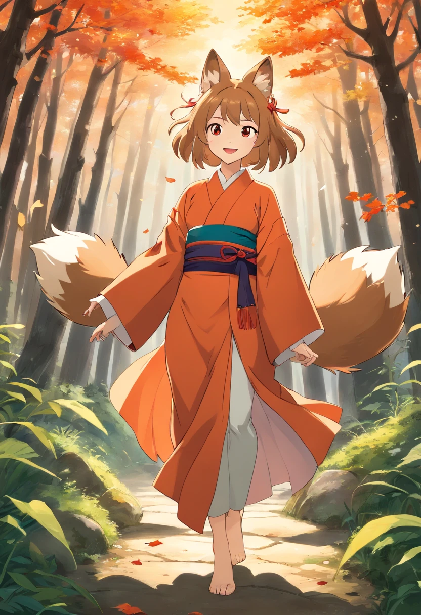Two-shot photo of a girl and a fox,(Fantasia,Kitsune Yokai Four-Tailed Heavenly Fox,),(Girl and Fox Yokai: The Tale of the Four-Tailed Heavenly Fox), (With a girl bent down deep in the forest and looking up,Fox Yokai Two-shot movie of a fox protecting a girl's back Poster of the four-tailed heavenly fox), (natural soft light.)(Sunlight,),(Sunlight,),(Professional Lighting.), (glossy light brown and orange two-tone color,,Wave Shortcut Hair,disheveled hair,),japanese kimono,Geta,Cute round face red lipstick,A cute smile that makes the viewer happy, autumn forest,Strong wind soaring over dead leaves