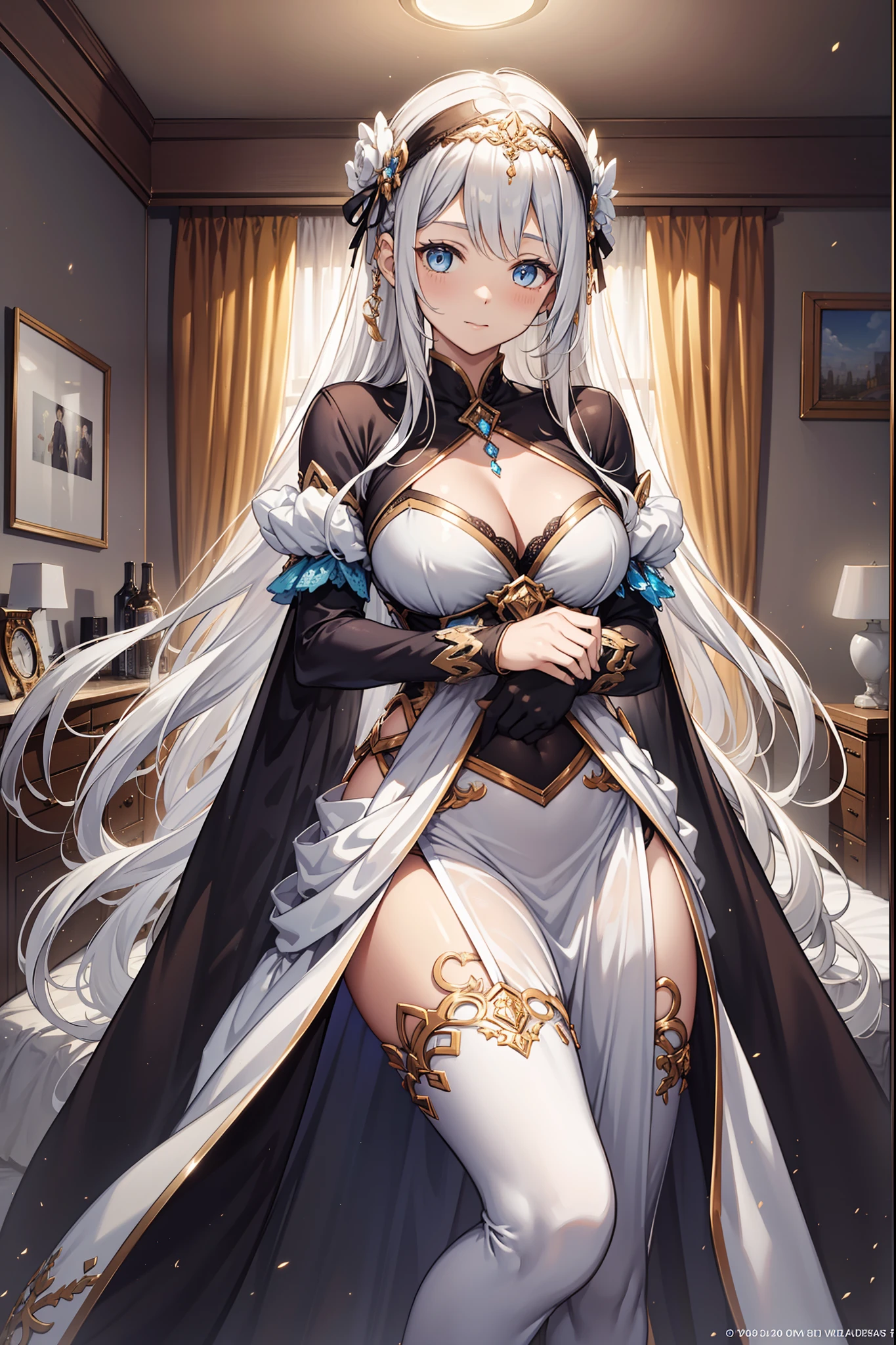 teens girl,divino,(Best quality,4K,8K,A high resolution,Masterpiece:1.2),Ultra-detailed,enchanted,gentleness,Seductive pose,having fun,divino,(Western magic white dress)，silber hair,eBlue eyes,see-through transparent clothes,Delicate hair accessories,Transparent lace,Sky blue texture,Late at night,exquisite costumes,Bedrooms,solo person,Carved pantyhose