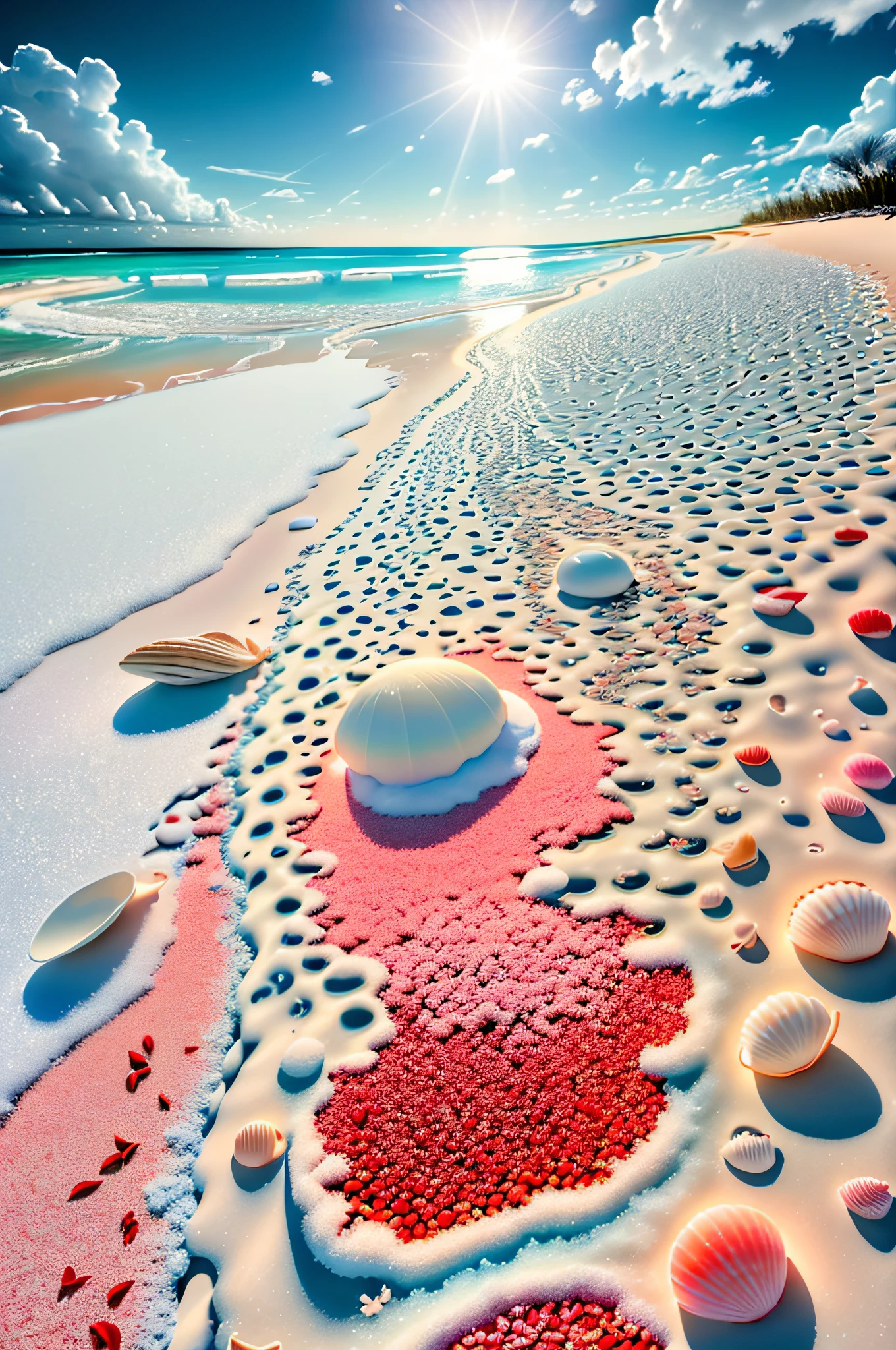 delicate scene,depth of field, 8K, The ivory sky,white clouds,and sunlight shine on the snow-white beach. The coral sea,and many colorful tinny shells on the beach,red roses, roses focus,